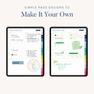 Two iPads display the 2025-2026 Digital Simplified Planner by Simplified, featuring customizable PDF planner pages with notes, doodles, checklists, colorful tabs, and assorted handwriting styles. Text reads: Simple page designs to make it your own.