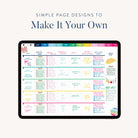 An iPad shows the Simplified 2025-2026 Digital Teacher Planner, featuring colorful, handwritten weekly pages with subjects and notes. The heading reads, Simple Page Designs to Make It Your Own, ideal for digital or PDF planner setups.