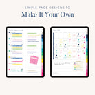 Header: Simple Page Designs to Make Your PDF Planner Your Own. Image shows the Simplified 2025-2026 Digital Simplified Planner for iPads—one tablet displays a colorful weekly schedule with notes and stickers; the other features a color-coded monthly view with events, checklists, and tabs.