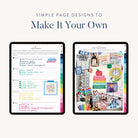 Two iPad screens display the 2025-2026 Simplified Digital Teacher Planner. One shows a color-coded weekly routine, while the other features a collage of quotes, school supplies, and icons. Text above reads: Make It Your Own.