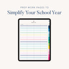 A tablet displays a colorful student information chart with columns and rows. Above, text reads: Prep work pages to simplify your school year using the Simplified 2025-2026 Digital Teacher Planner for iPads. The background is light beige.