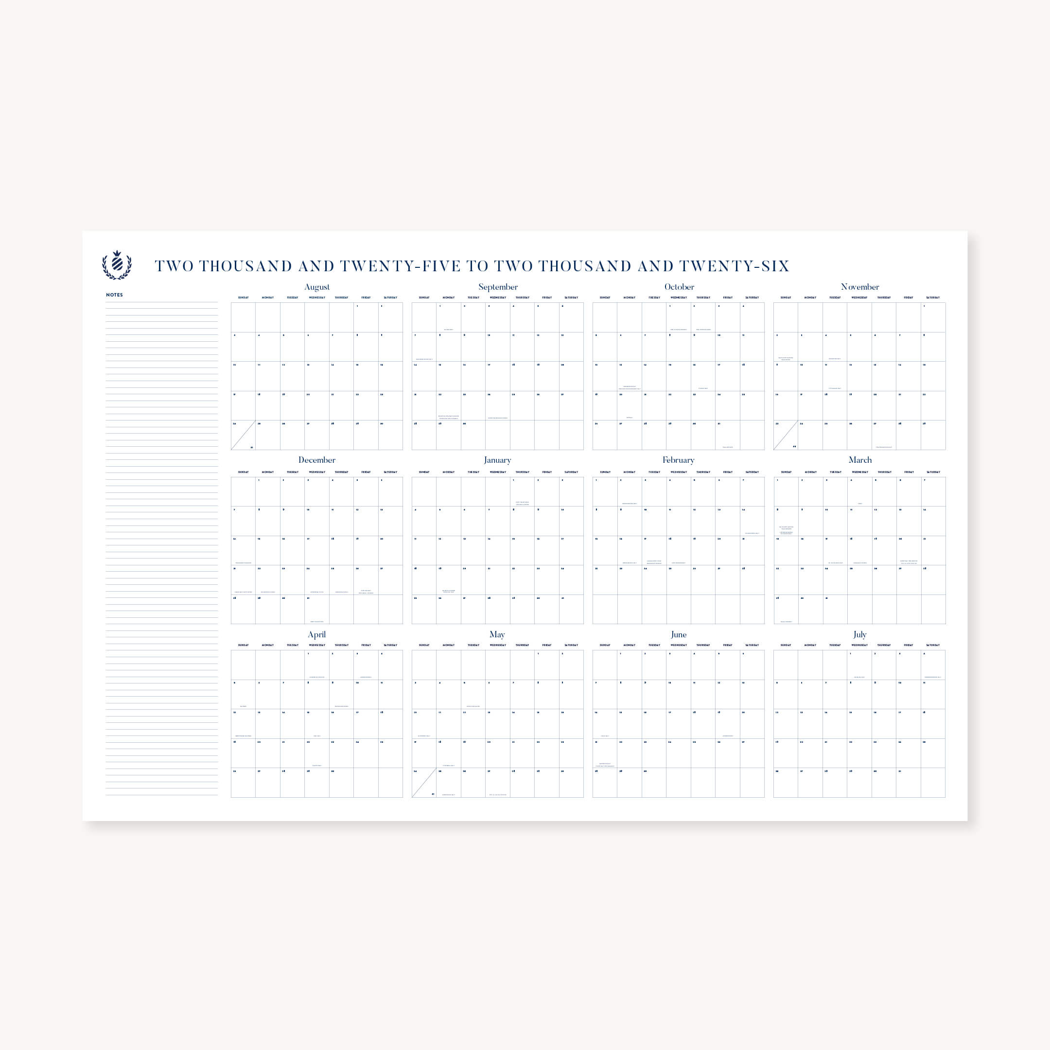 The Simplified 2025-2026 Wall Calendar - Printable features a blue and white grid layout, left-side notes section, and minimalist design—ideal for easy printing and organized planning as a digital download.
