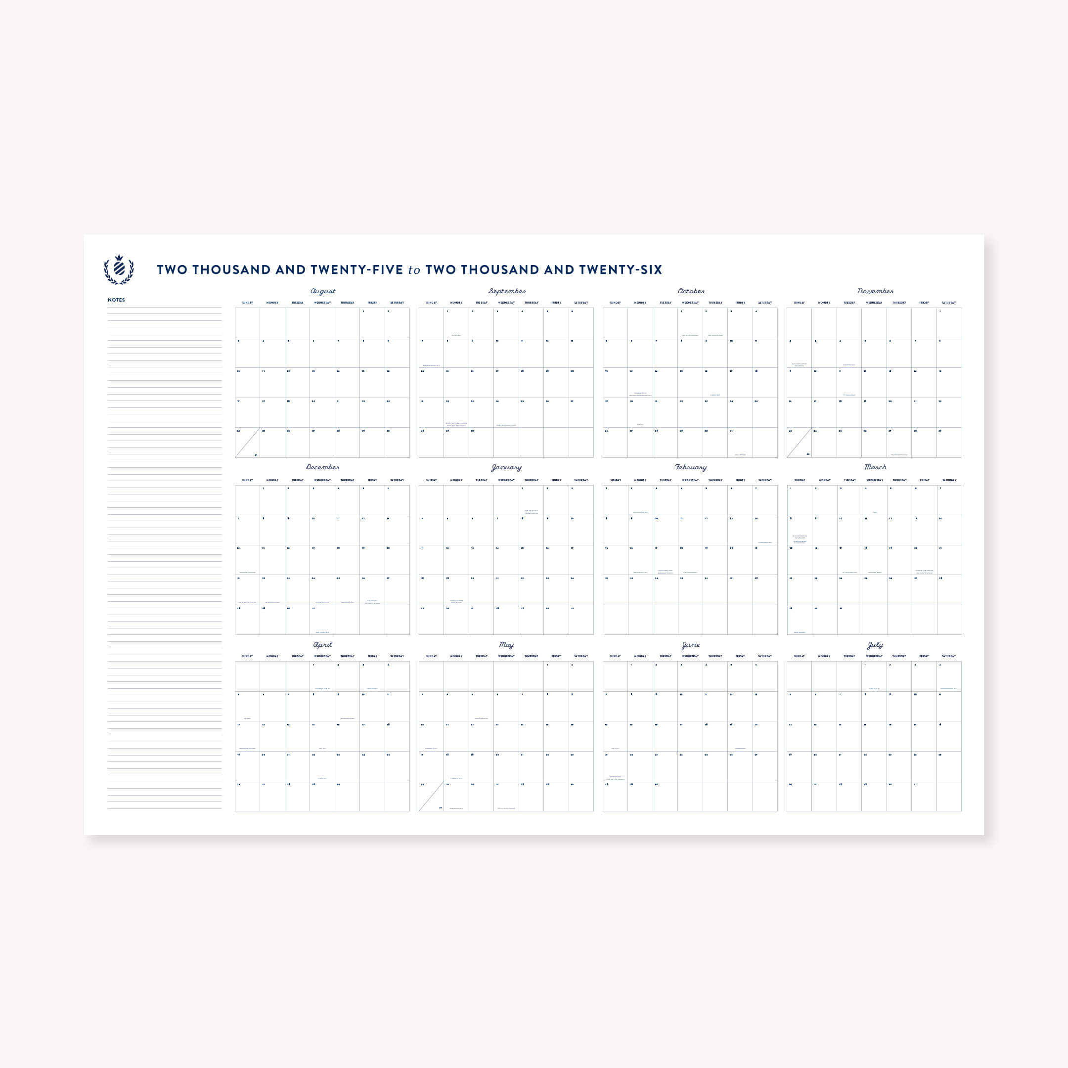 The Simplified 2025-2026 Wall Calendar - Printable features clean, minimalist monthly grids and note space on the left. Available as a convenient digital download.