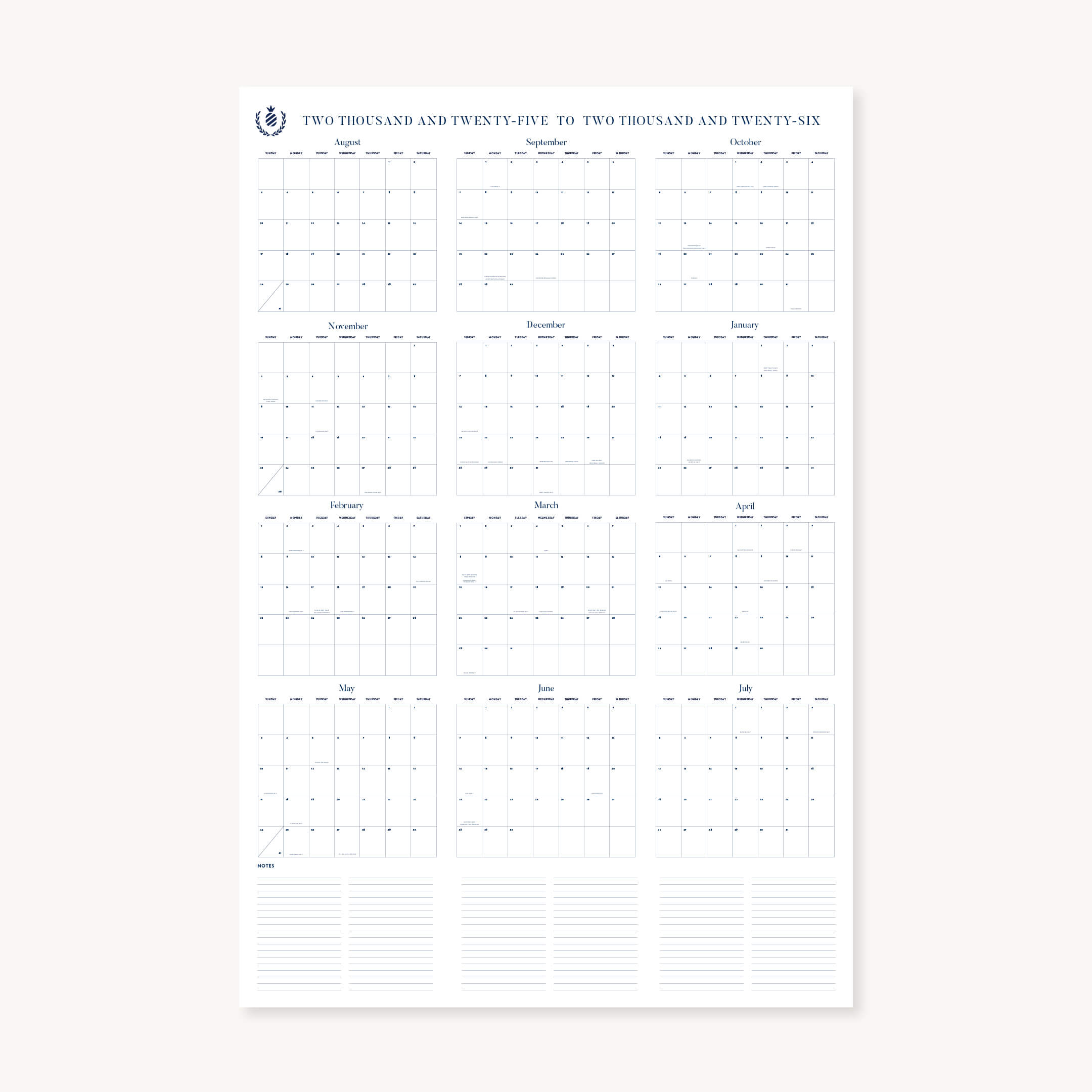 The Simplified 2025-2026 Wall Calendar - Printable features a clean grid layout with each month in its own box, small daily blocks, and a notes section at the bottom. Available as a digital download.