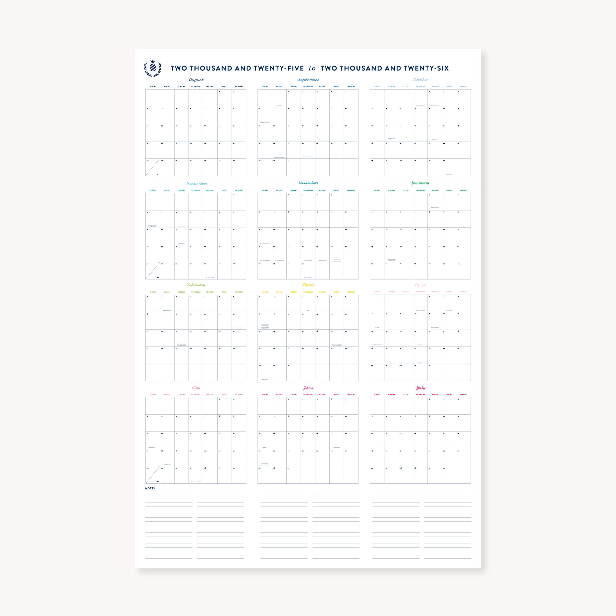 The Simplified 2025-2026 Wall Calendar - Printable features small monthly grids, a clean layout, space for notes, and pale-colored month labels. Download this minimalist digital calendar for easy home printing.