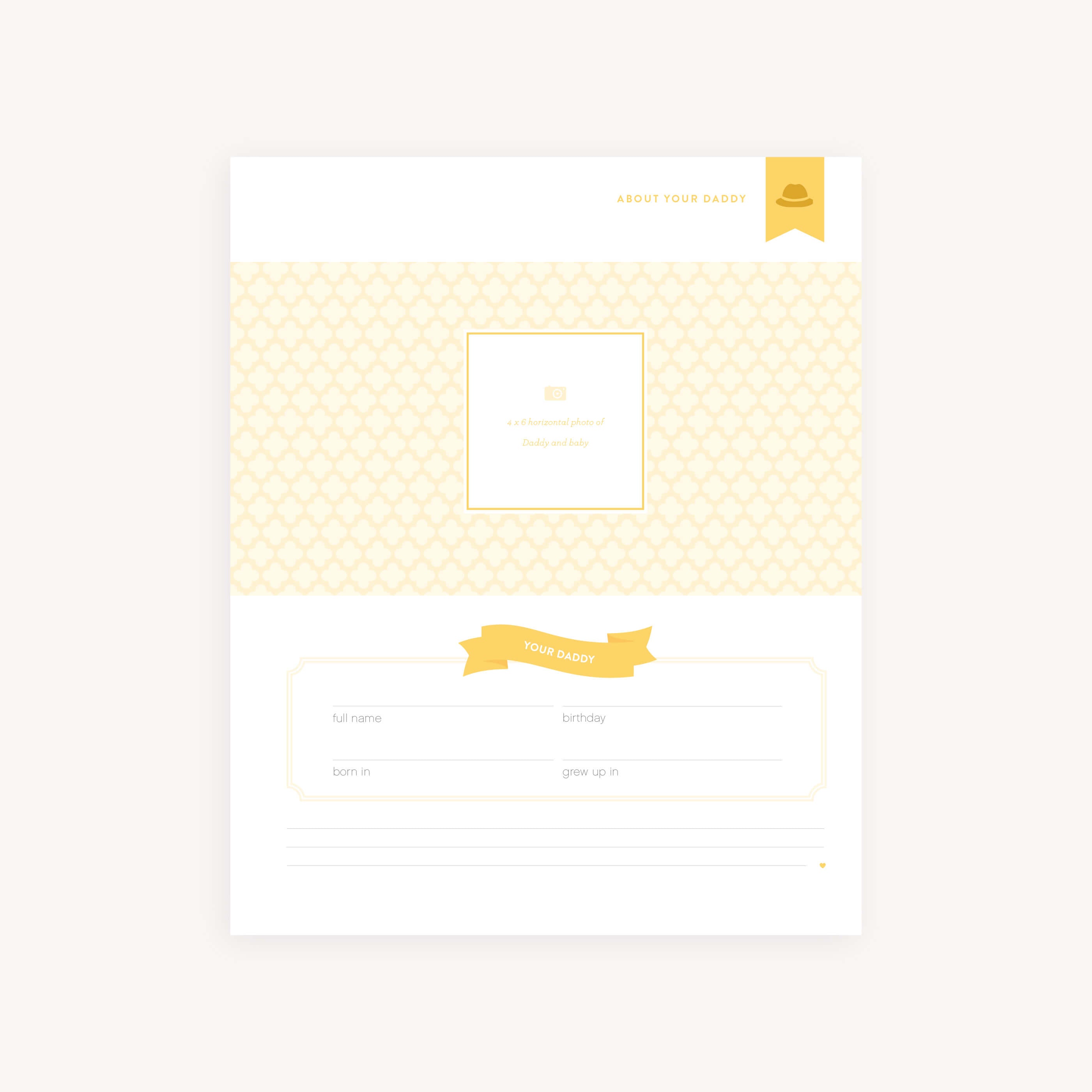 'About Your Daddy' page, providing space to describe the father's background and traits.