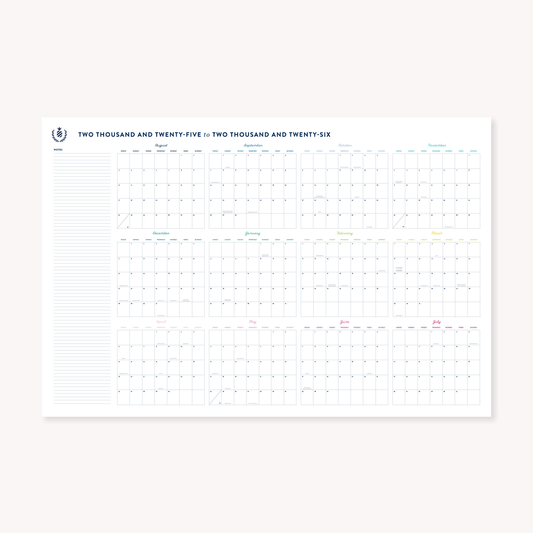 The Simplified 2025-2026 Wall Calendar - Printable is a digital download featuring all months in a grid, space for notes on the left, and blue, green, and purple text and lines on a clean white background.
