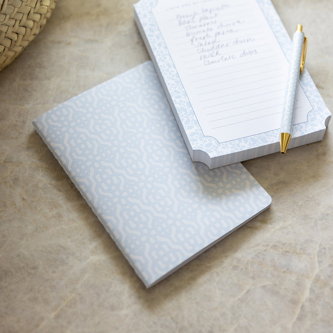 Carolina Trellis mini notebook styled in an elegant workspace with cheerful details for jotting notes, lists, and ideas throughout the day