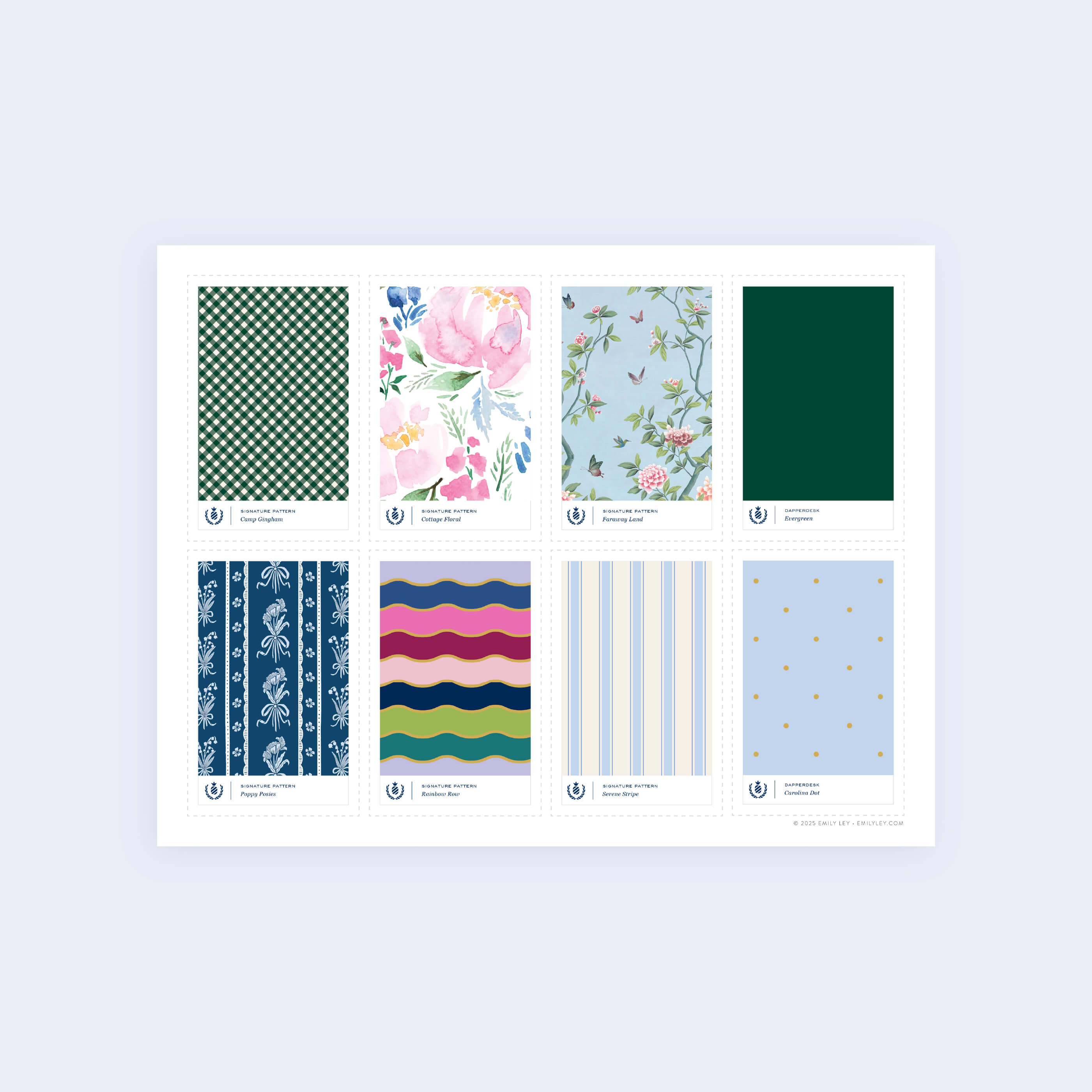 The Simplified 2025 Swatchbook - Printable features eight decorative stamps in assorted patterns—florals, stripes, waves, dots, and geometric designs—in vibrant blue, green, pink, and gold hues.