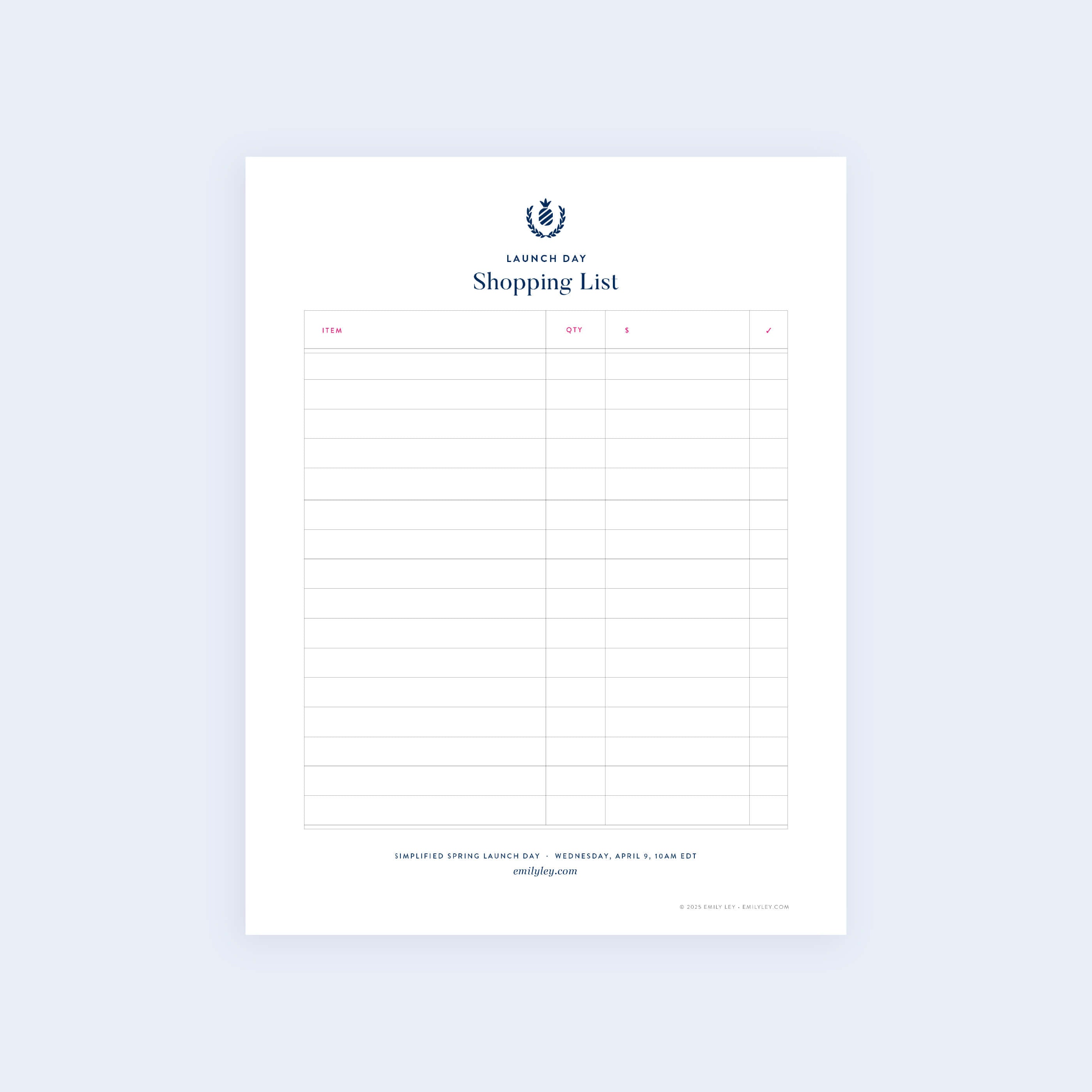The Simplified Launch Day Shopping List - Printable features a clean, white design with columns for item, quantity, checkboxes, and a laurel wreath icon above the Launch Day Shopping List heading.