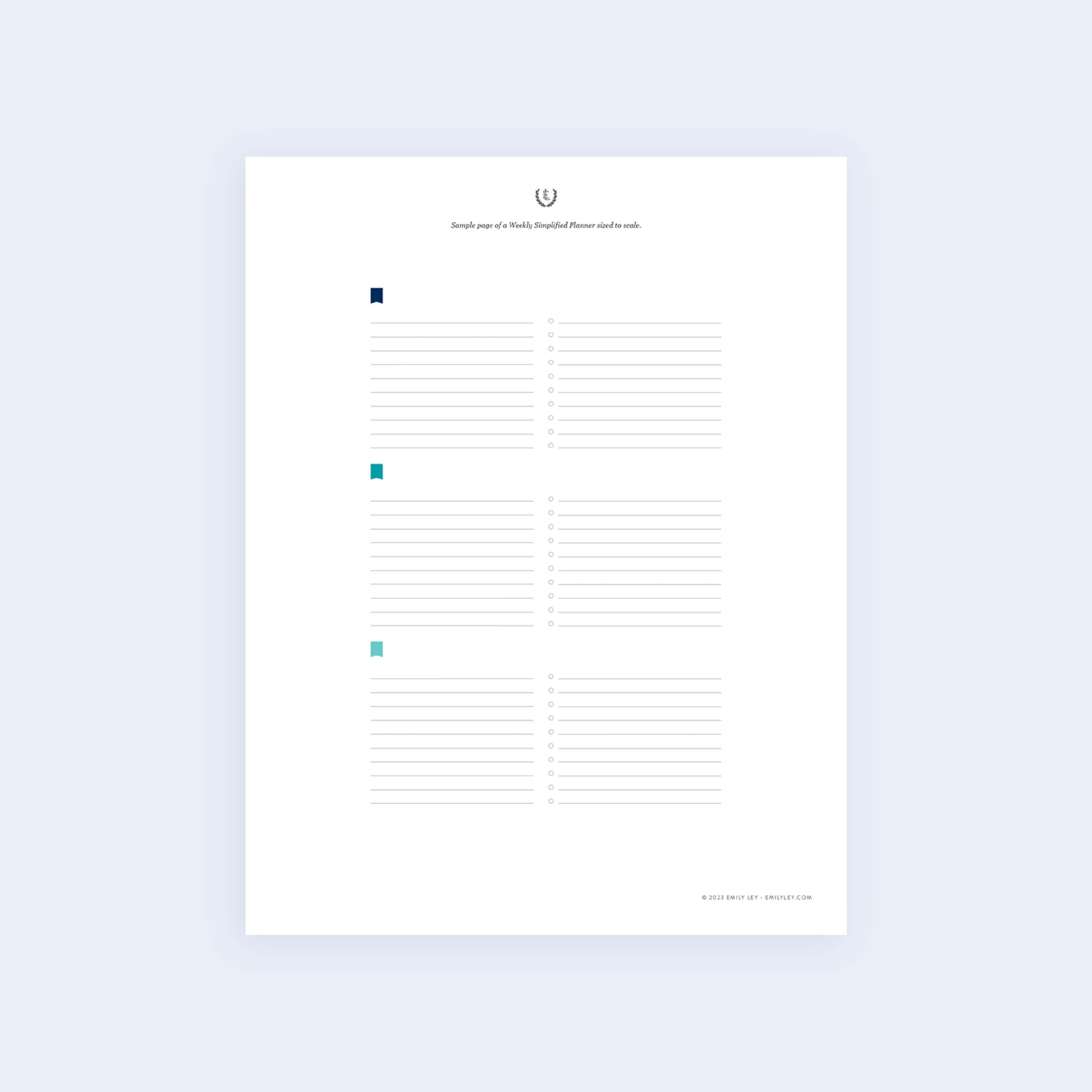 The Bookbound Weekly Simplified Planner Sample Page by Simplified features four colored squares (blue, teal, aqua, navy) on the left beside lined writing sections, with a short prompt and a small circular icon at the top. Printable design.