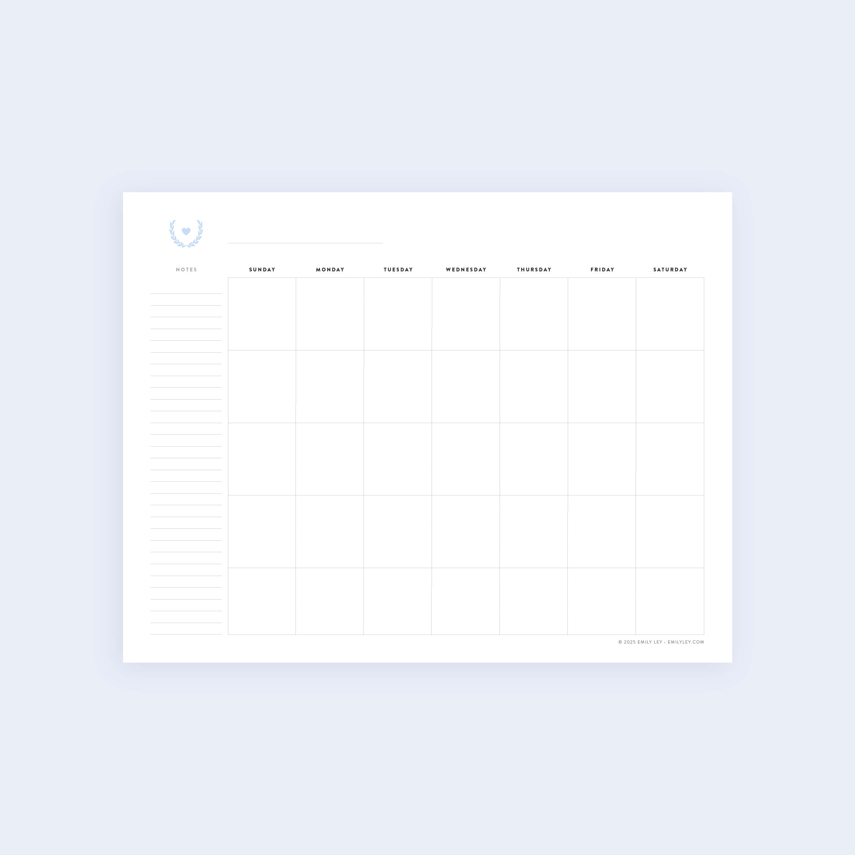 The Wedding Planner Monthly Calendar - Printable by Simplified features a minimalistic design with thin black lines. It presents a weekly layout on a light background, columns labeled Sunday to Saturday with daily rows, and includes a notes section on the left side.