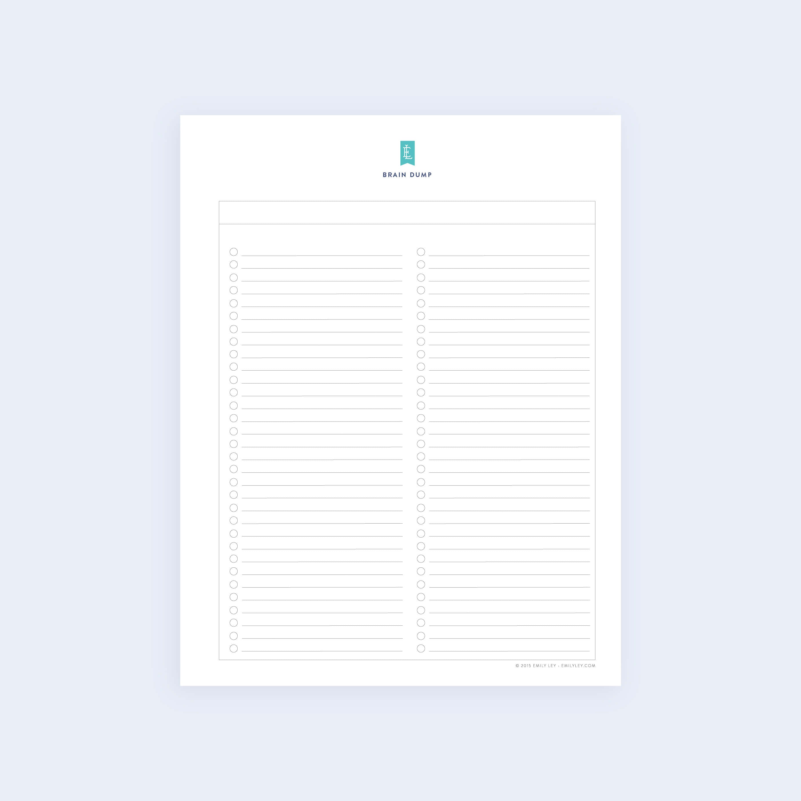 The Brain Dump checklist by Simplified offers a lined format with checkboxes on each line, centered on a light blue background, featuring a small blue icon above the title.