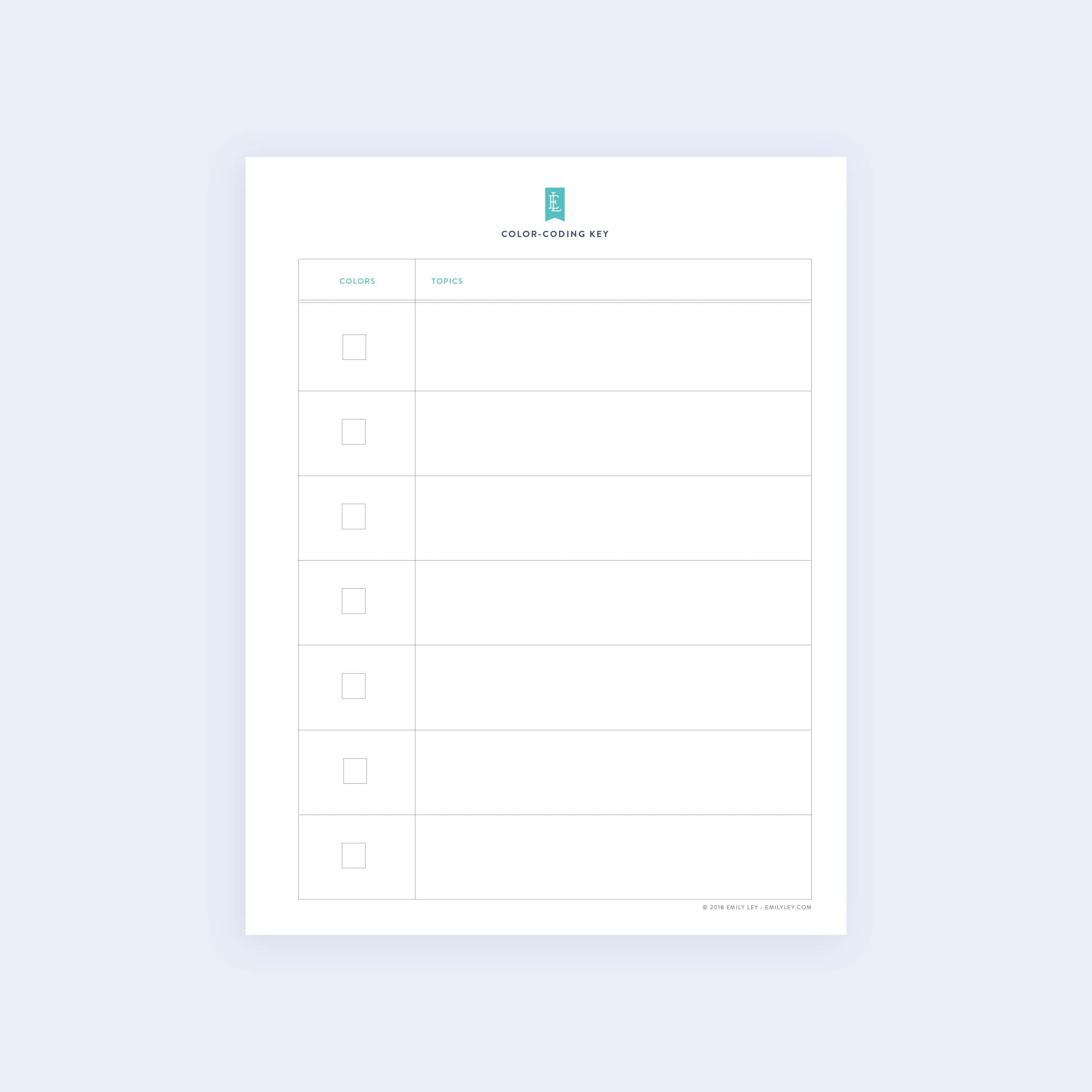 The Color-Coding Key - Printable by Simplified features a light blue worksheet with a two-column table labeled Color and Topic. Each row has a blank checkbox and writing spaces. A header includes a small logo and date.