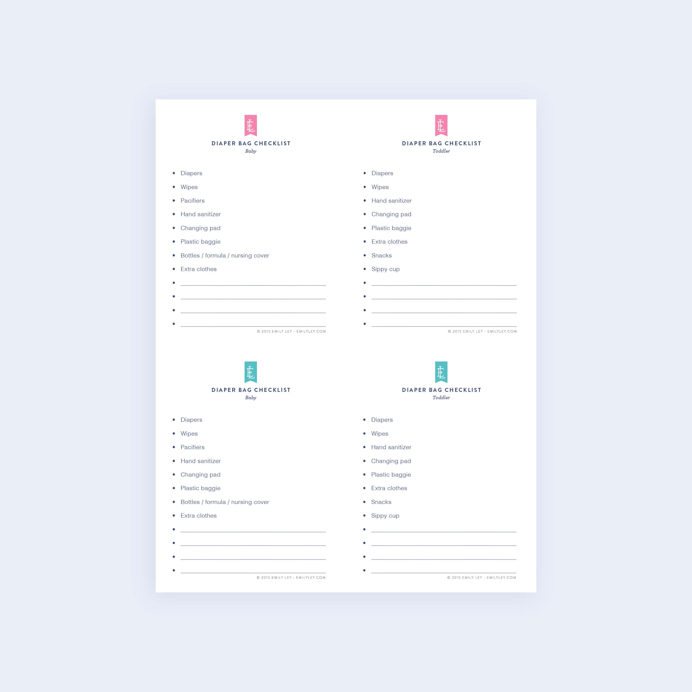 The Diaper Bag Checklist - Printable by Simplified features an organized layout on a light blue background, dividing essential baby items like diapers, wipes, bottles, a changing pad, and extra clothes into four sections.