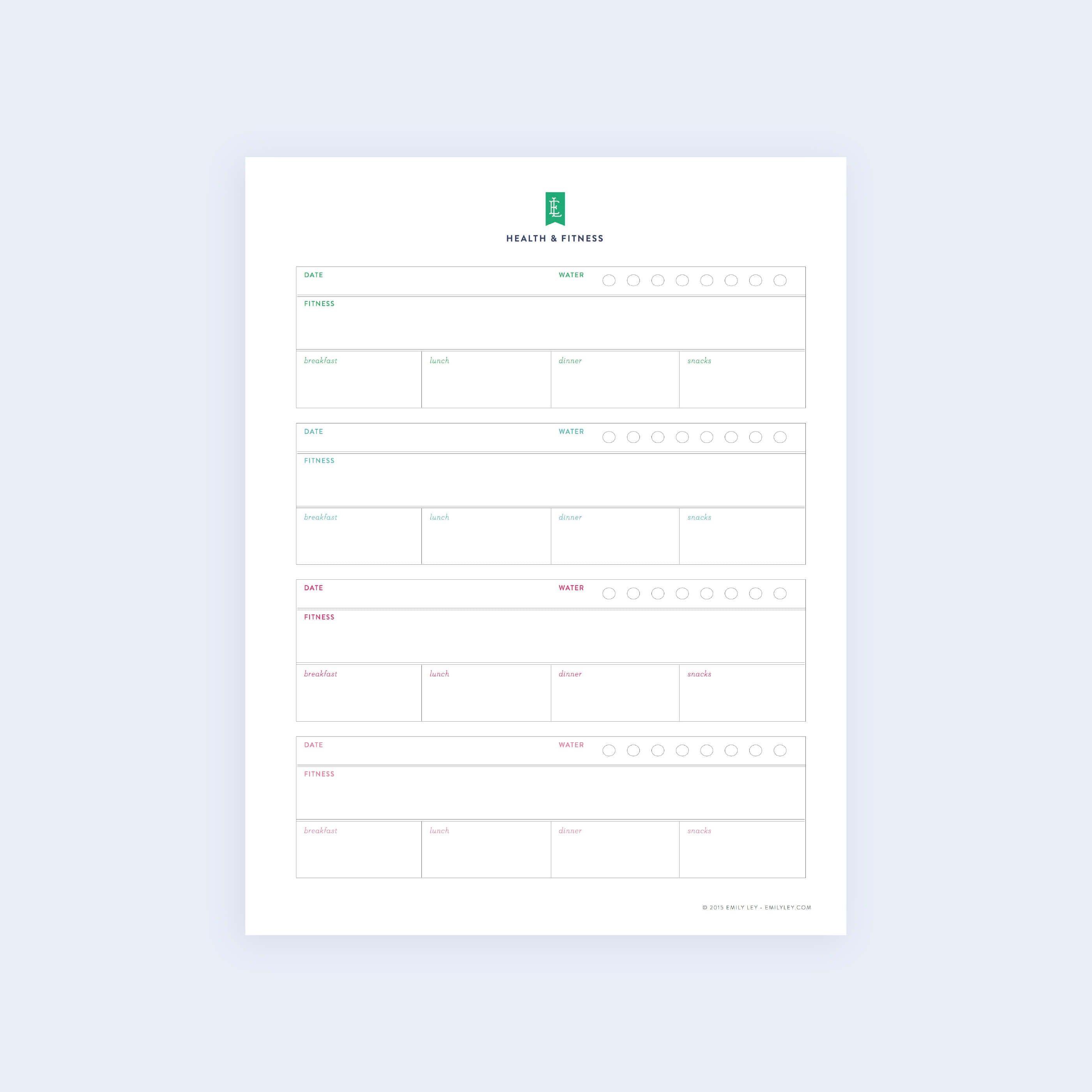 The Health & Fitness Tracker - Printable by Simplified features a structured planner with sections for date, water intake, fitness activities, and meal tracking for breakfast, lunch, and dinner. It includes multiple rows for neat entries.