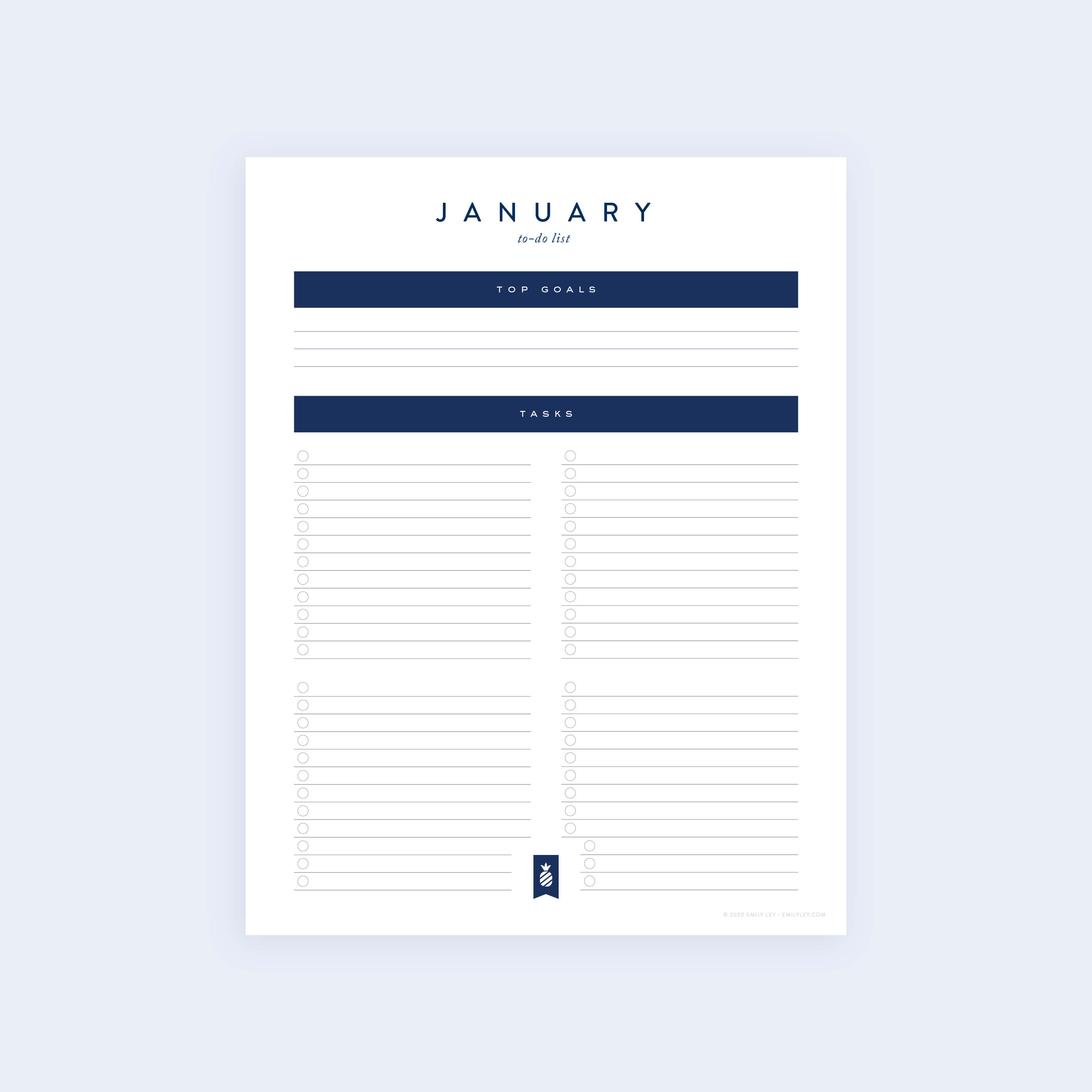 The 12-Month To-Do List - Printable by Simplified is a minimalist planner for January. It features Top Goals and Tasks sections with bullet points, all on a white background, designed in a simple, clean layout with navy blue accents.