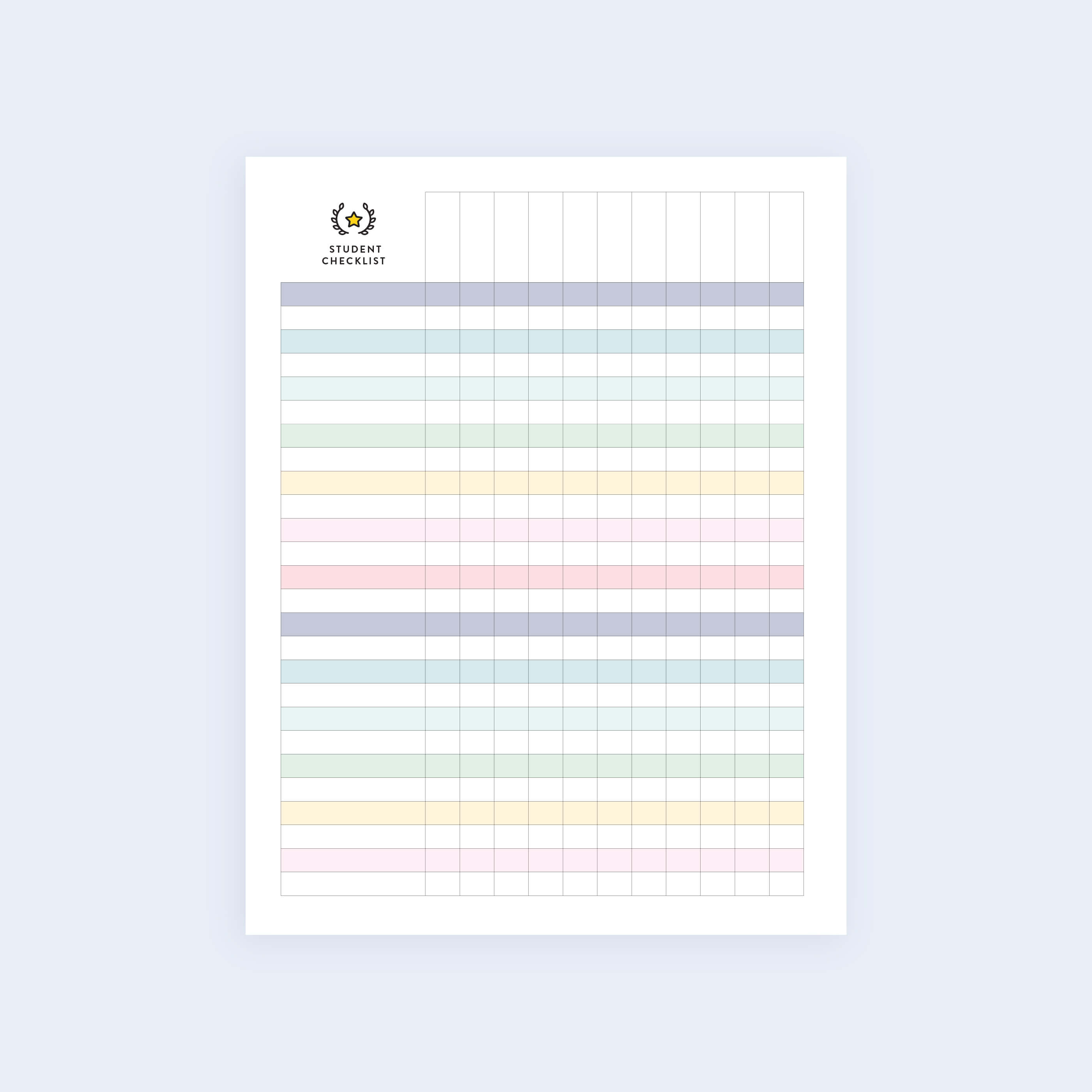 The Student Checklist - Printable by Simplified features alternating pastel rows of blue, green, pink, red, yellow, and purple. A stylized plant logo and Student Checklist text are at the top against a light blue background.