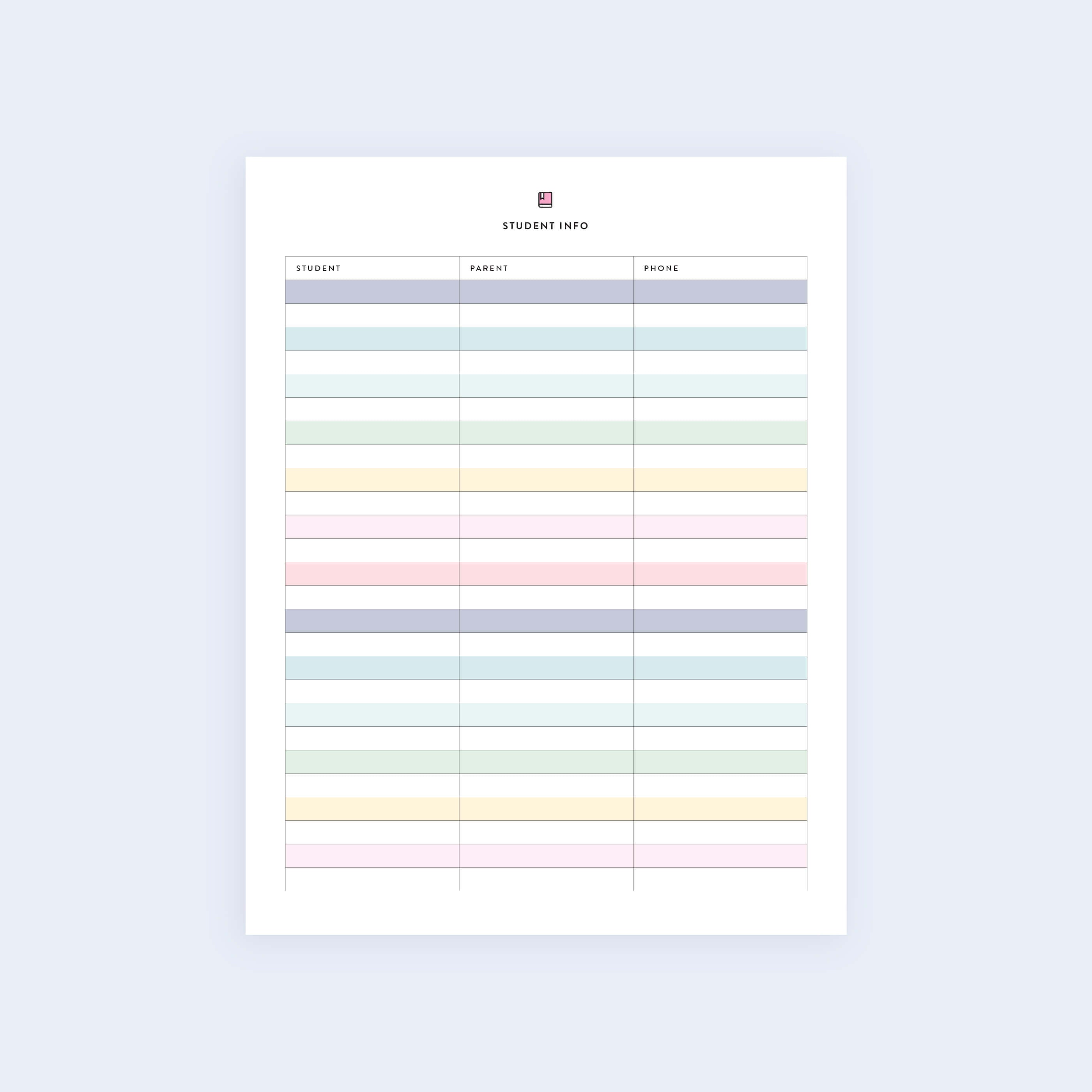 The Student Info - Printable by Simplified is a pastel-colored table document featuring columns labeled Student, Parent, and Phone on a light blue background, with rows in alternating shades of green, blue, and pink.