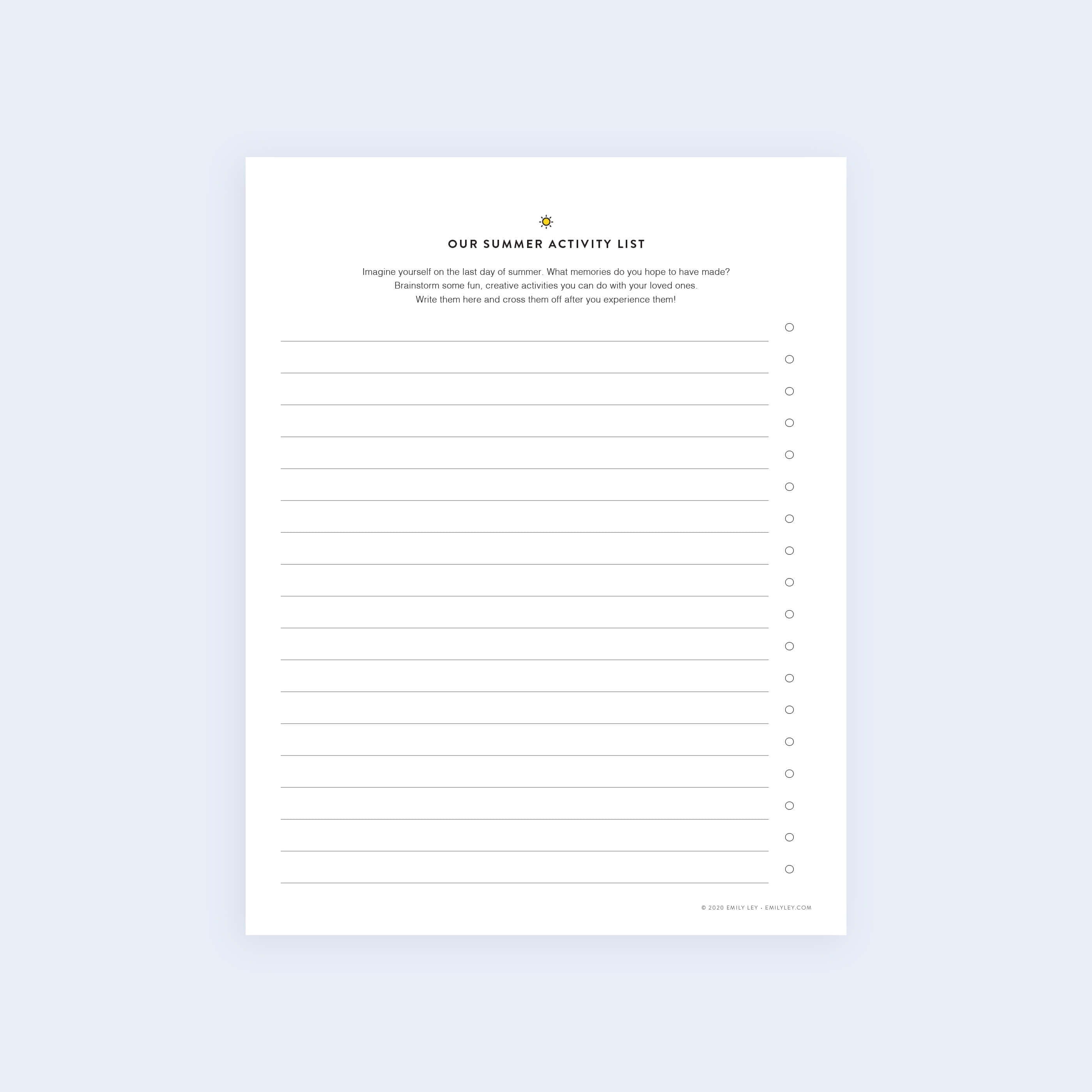 The Summer Activity List - Printable by Simplified features a light blue background with a title, a prompt for listing activities, and several lines each with a checkbox on the right.