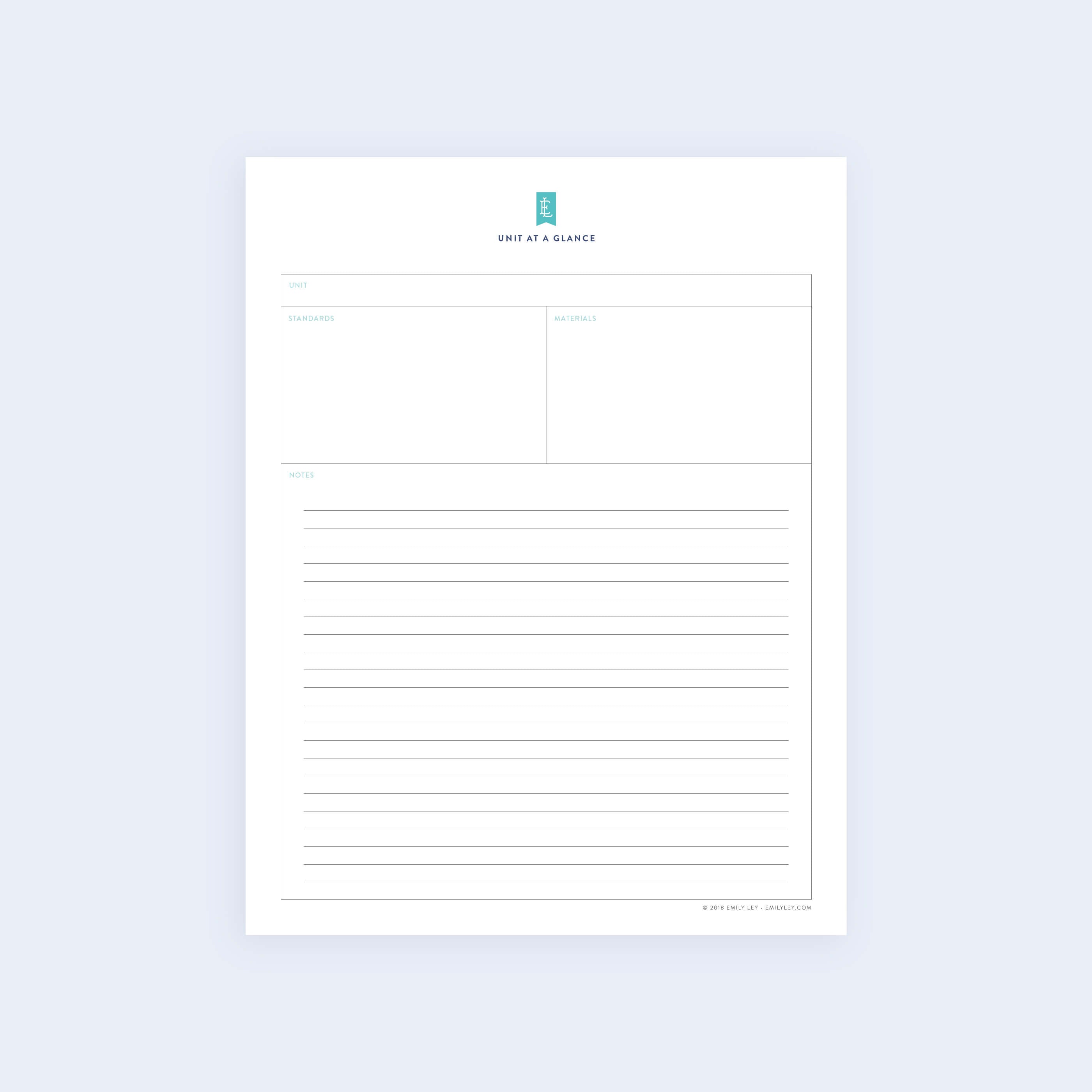 The Simplified Unit Planning - Printable template features sections for standards, materials, and notes. Its minimalist design includes a spacious area with horizontal lines for notes on a light blue background.