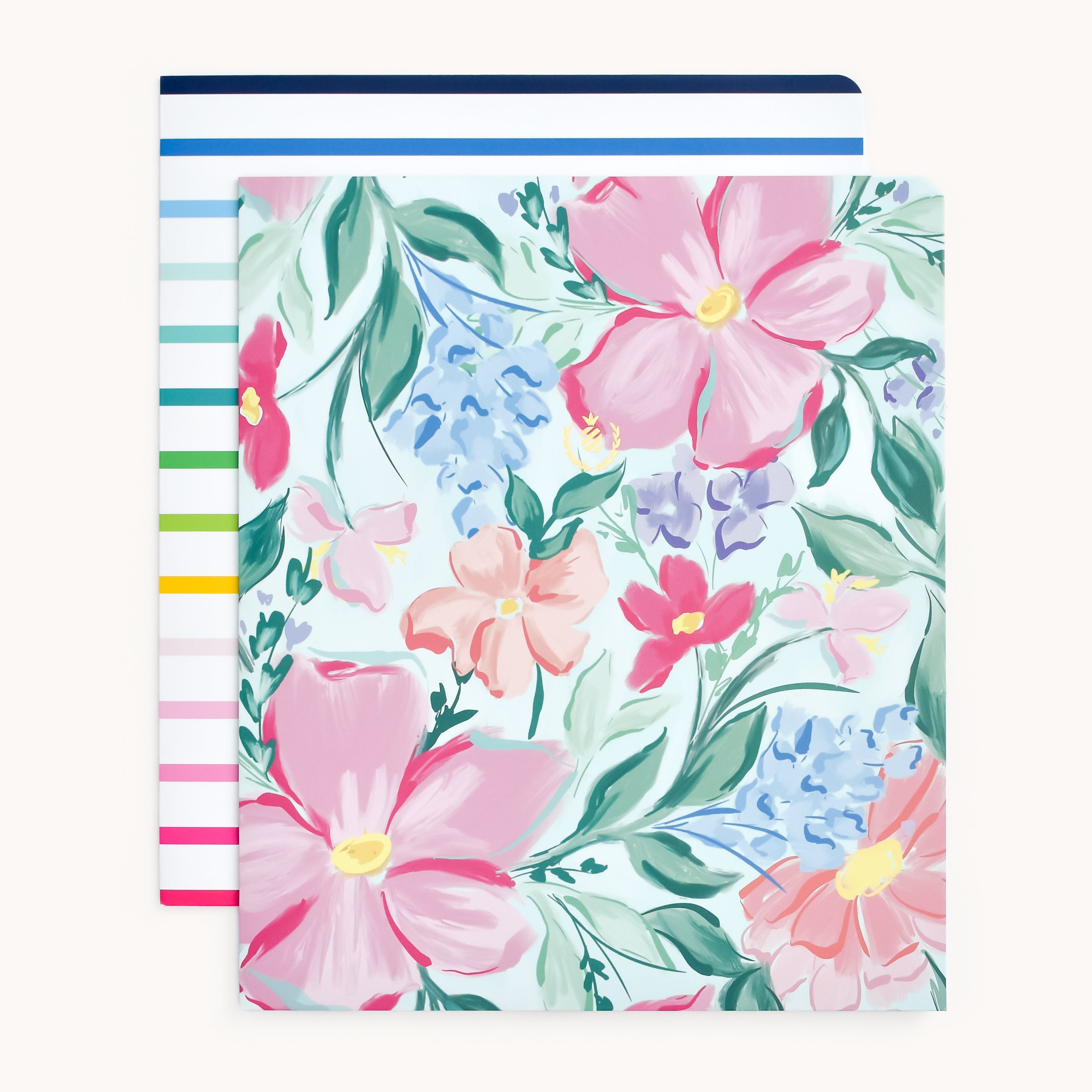 The Simplified® by Emily Ley Pocket Folder Set includes one folder with a Blush Magnolia floral design and another with colorful Happy Stripe pattern.