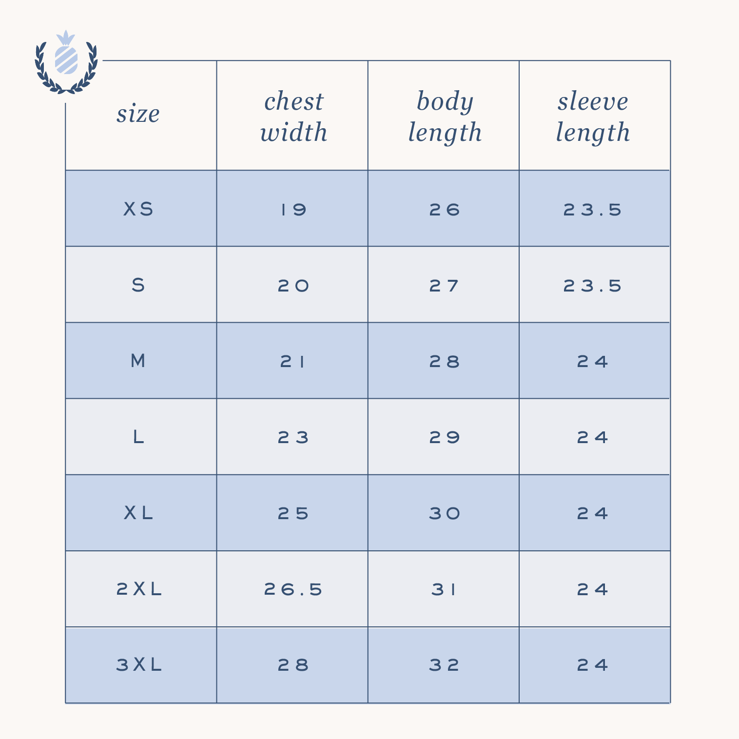 A size chart for the Embroidered Crewneck - North Pole Paper Co by Simplified® by Emily Ley in hunter green shows chest width, body length, and sleeve length (in inches) for sizes XS to 3XL.
