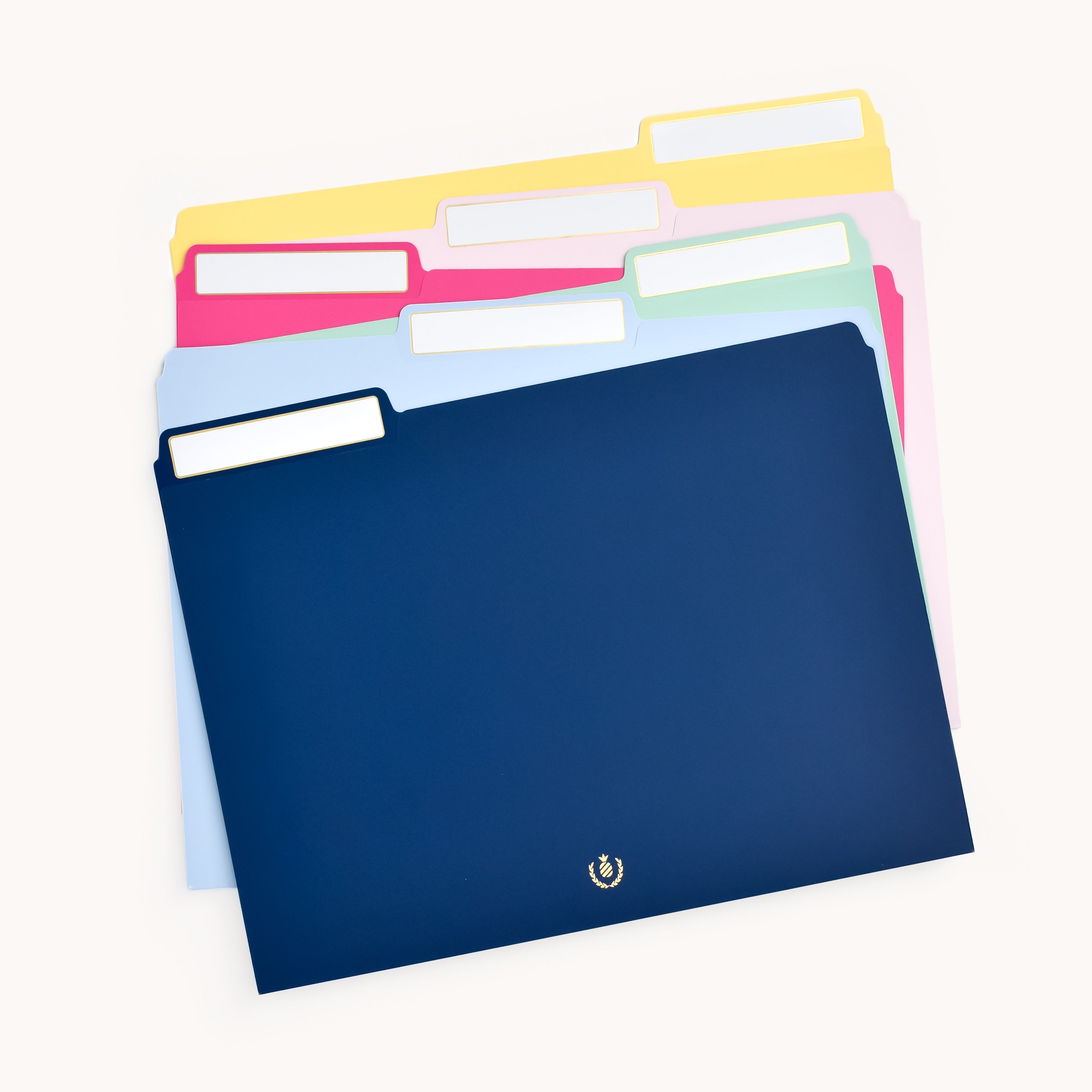 The Simplified File Folder Set - Classic provides efficient storage with blue, yellow, pink, and green folders. White label tabs offer quick access, elegantly displayed on a white background with a small logo on the blue folder.