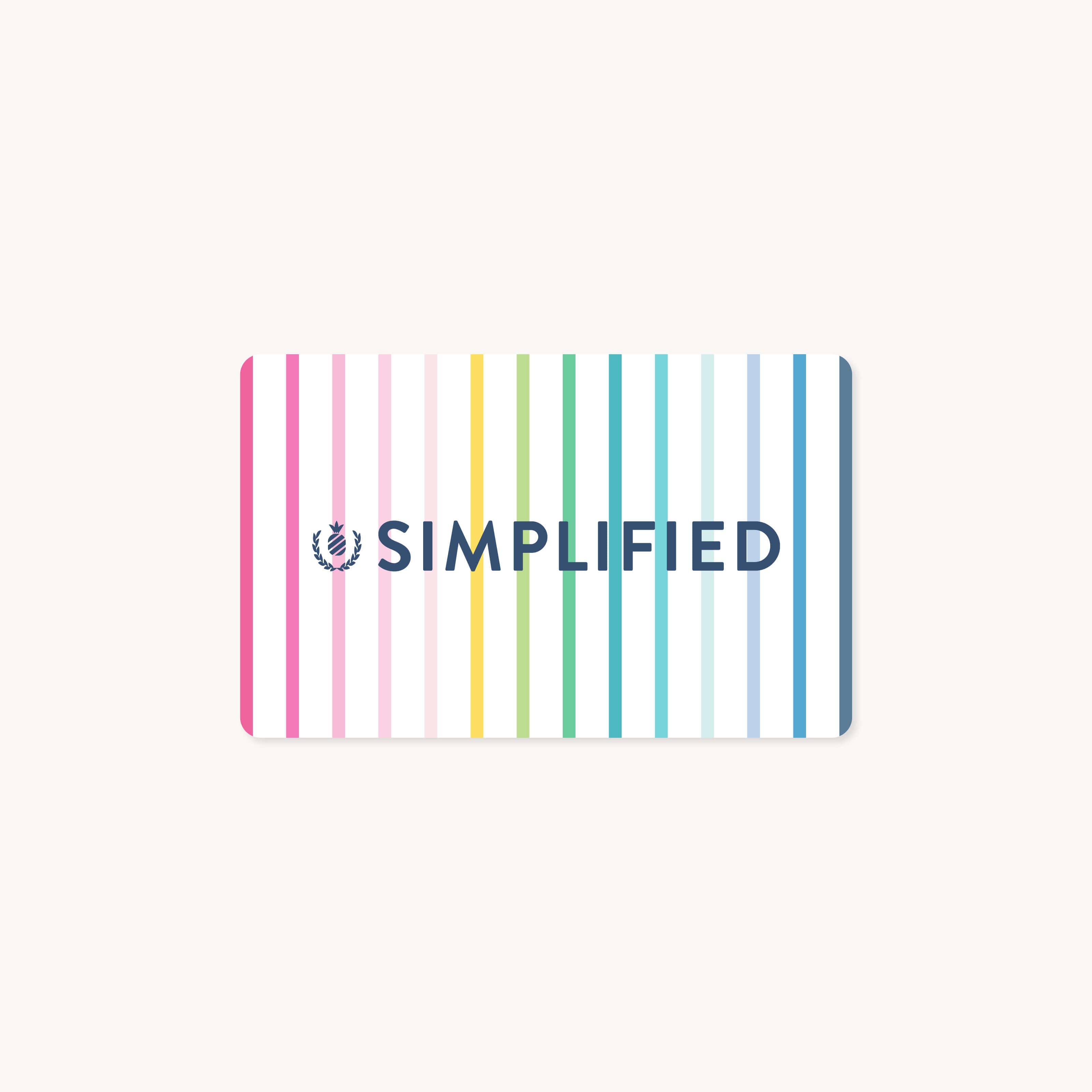 The Digital Gift Card - Teacher Planner by Simplified features vertical stripes in pink, red, yellow, green, blue, and teal on a white background with SIMPLIFIED in dark blue capital letters at the center and a decorative leaf motif on the left. Its a vibrant gift card perfect for any teacher.
