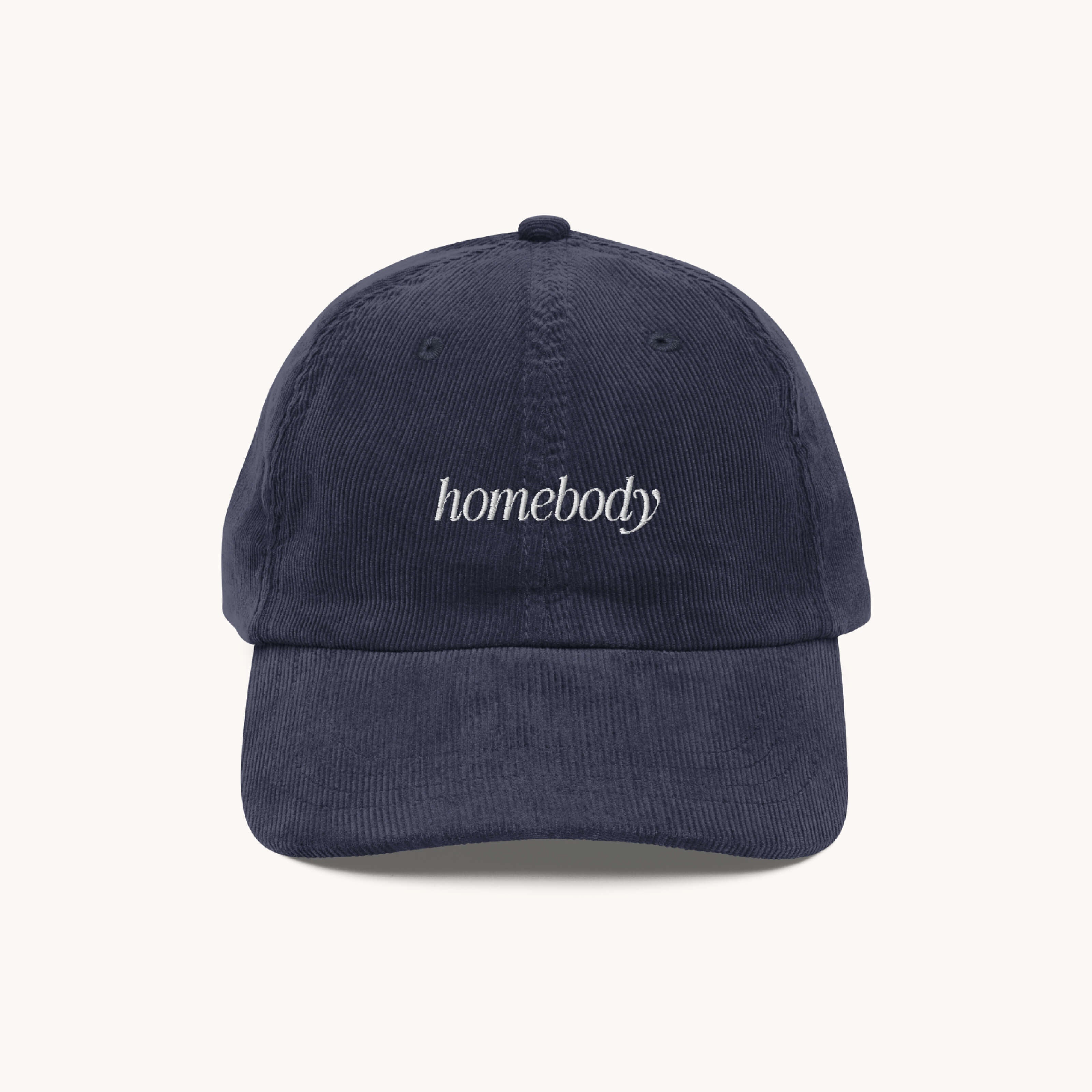 Navy corduroy Homebody baseball hat with embroidered lettering by Simplified by Emily Ley