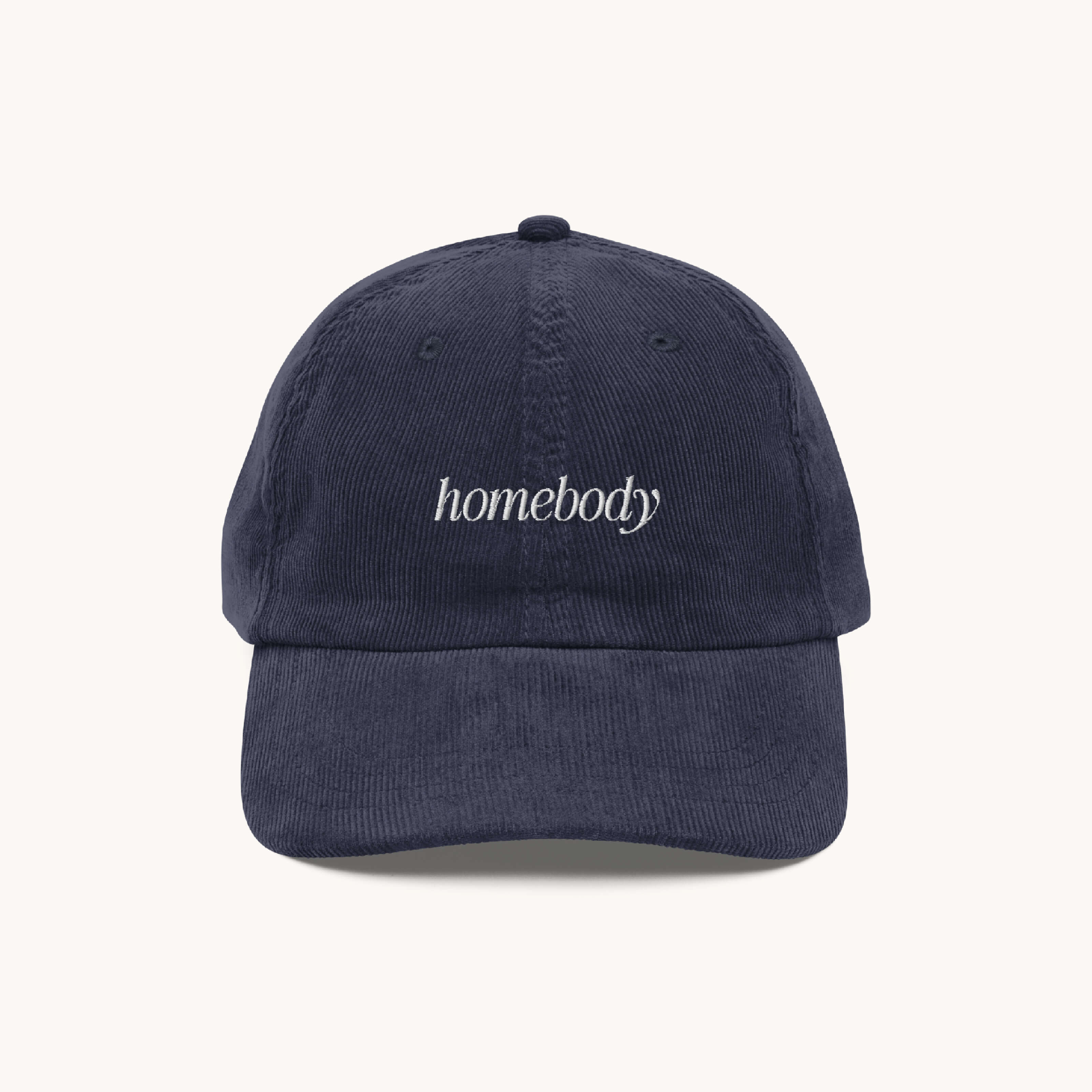 Navy corduroy Homebody baseball hat with embroidered lettering by Simplified by Emily Ley