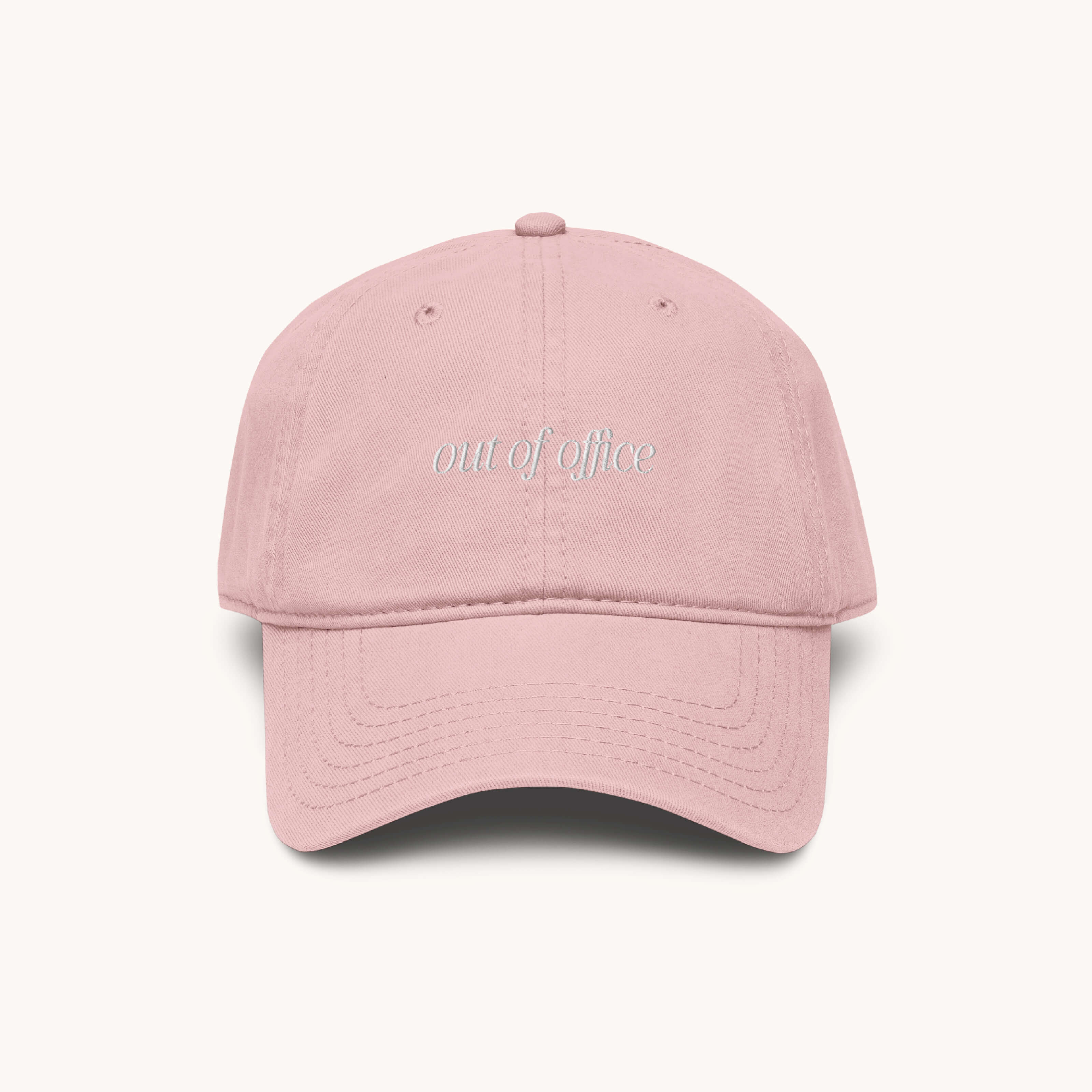 Pink Cotton Out of Office baseball hat with embroidered lettering by Simplified by Emily Ley