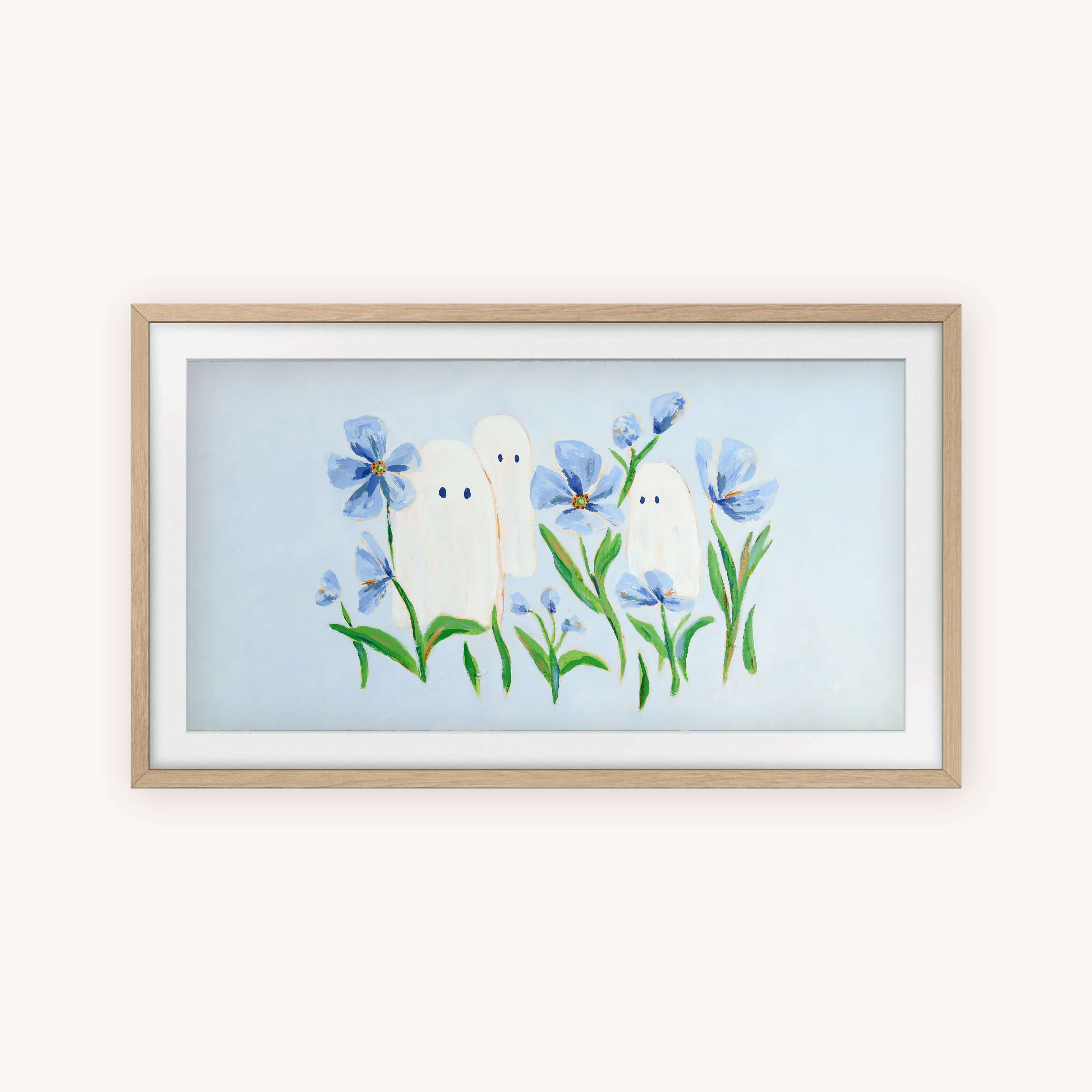 Frame TV Art - BOOtiful Blooms by Simplified features two white ghosts among blue flowers on a light blue background. This whimsical, seasonal digital artwork is perfect for Frame TVs or as an instant download for your home decor.