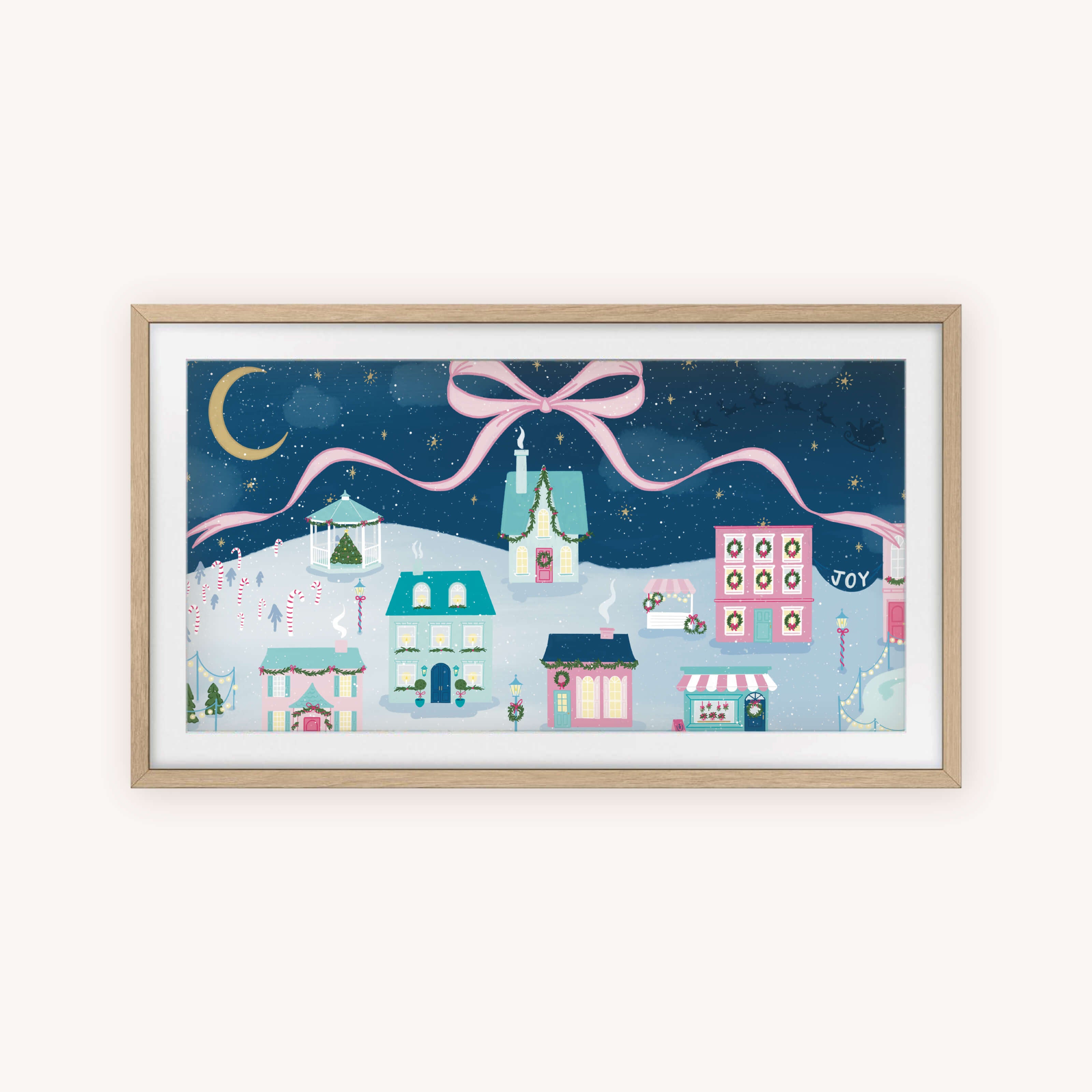 Add festive charm to your home with Simplified’s Frame TV Art - Christmas Village: a whimsical digital scene of pastel houses, crescent moon, and twinkling lights under a starry sky, beautifully displayed in a light wood frame.