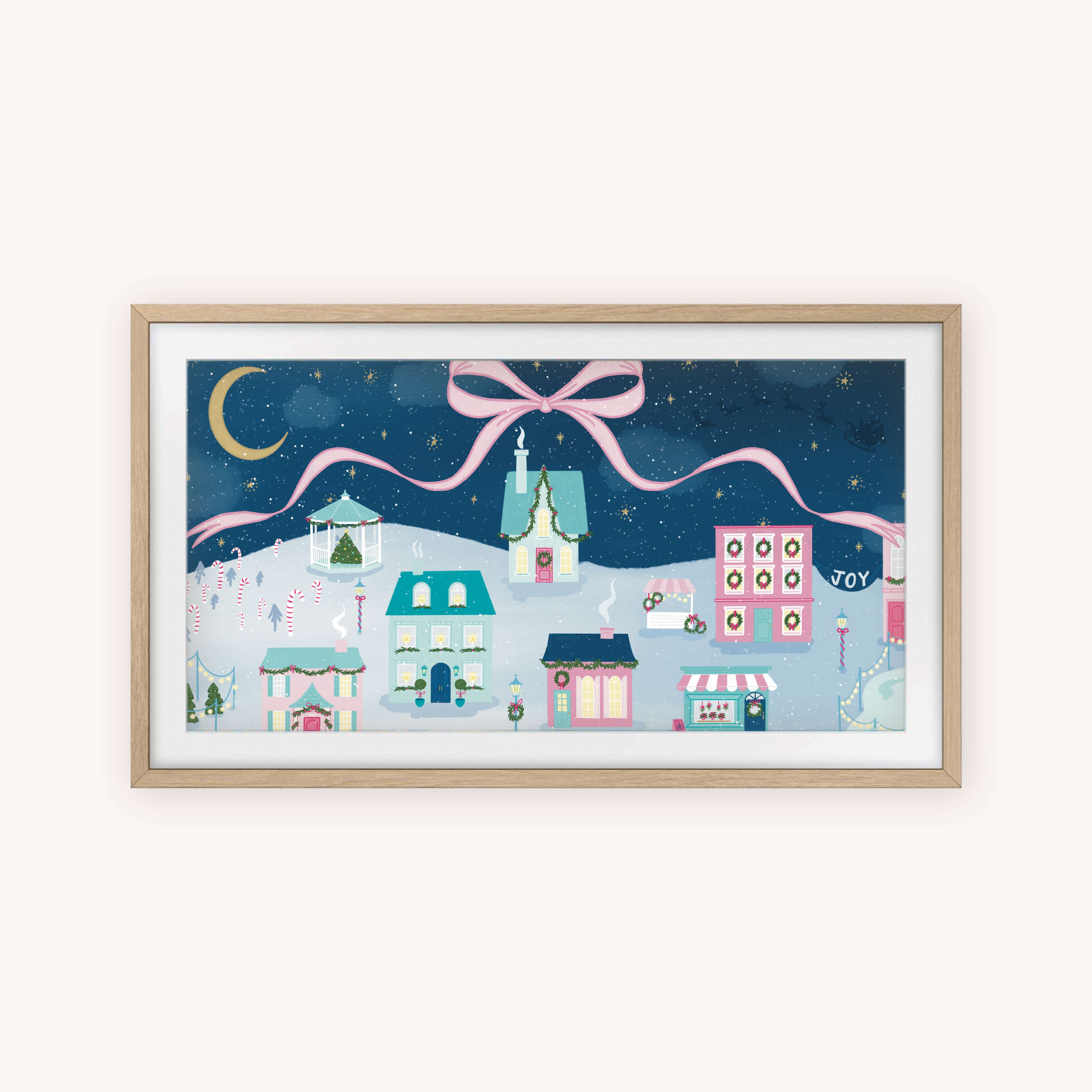 Add festive charm to your home with Simplified’s Frame TV Art - Christmas Village: a whimsical digital scene of pastel houses, crescent moon, and twinkling lights under a starry sky, beautifully displayed in a light wood frame.