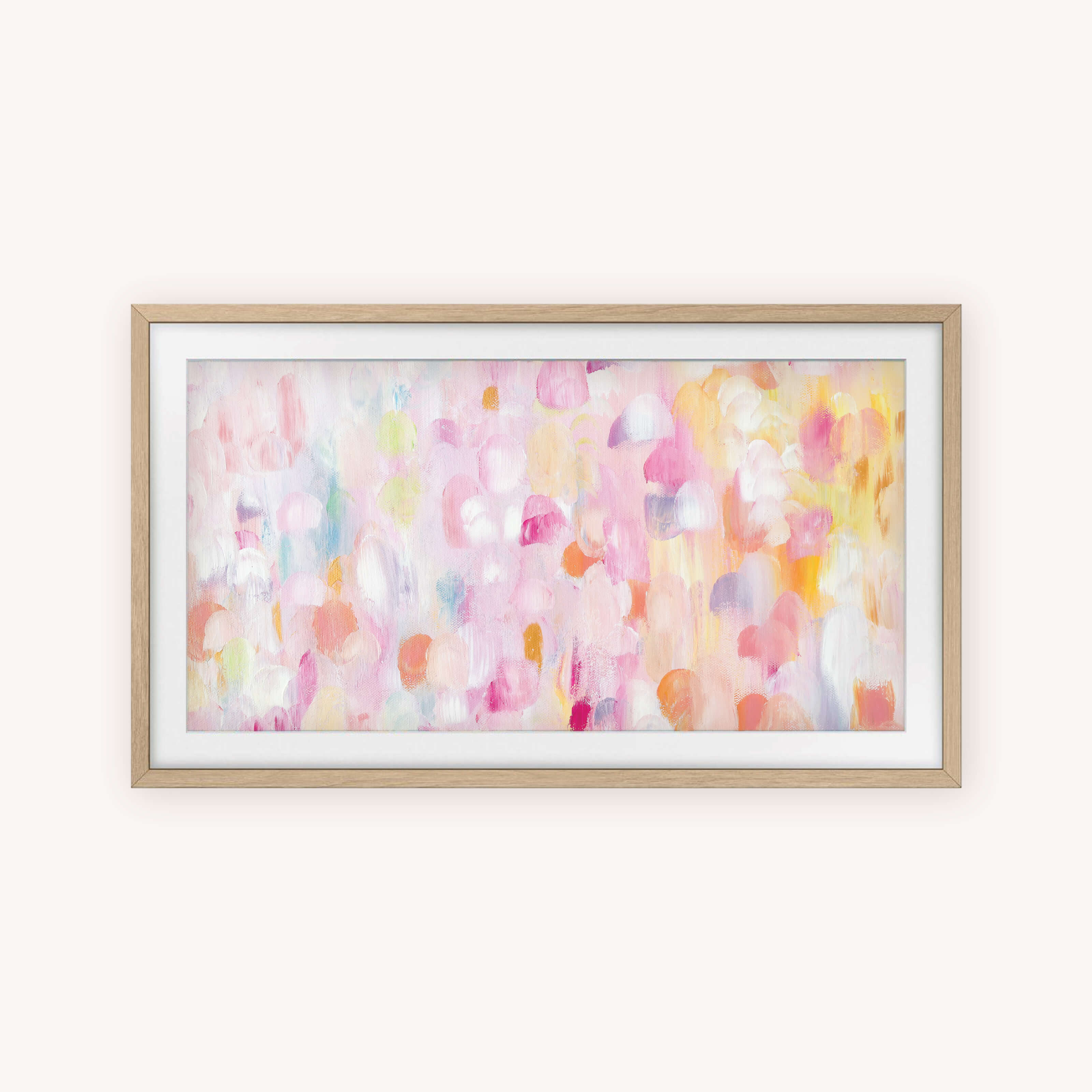 The "Happy Abstract" Frame TV Art by Simplified features pastel brushstrokes in pink, peach, yellow, and white. This dreamy digital artwork comes as an instant download or framed print with a light wood frame and white mat.