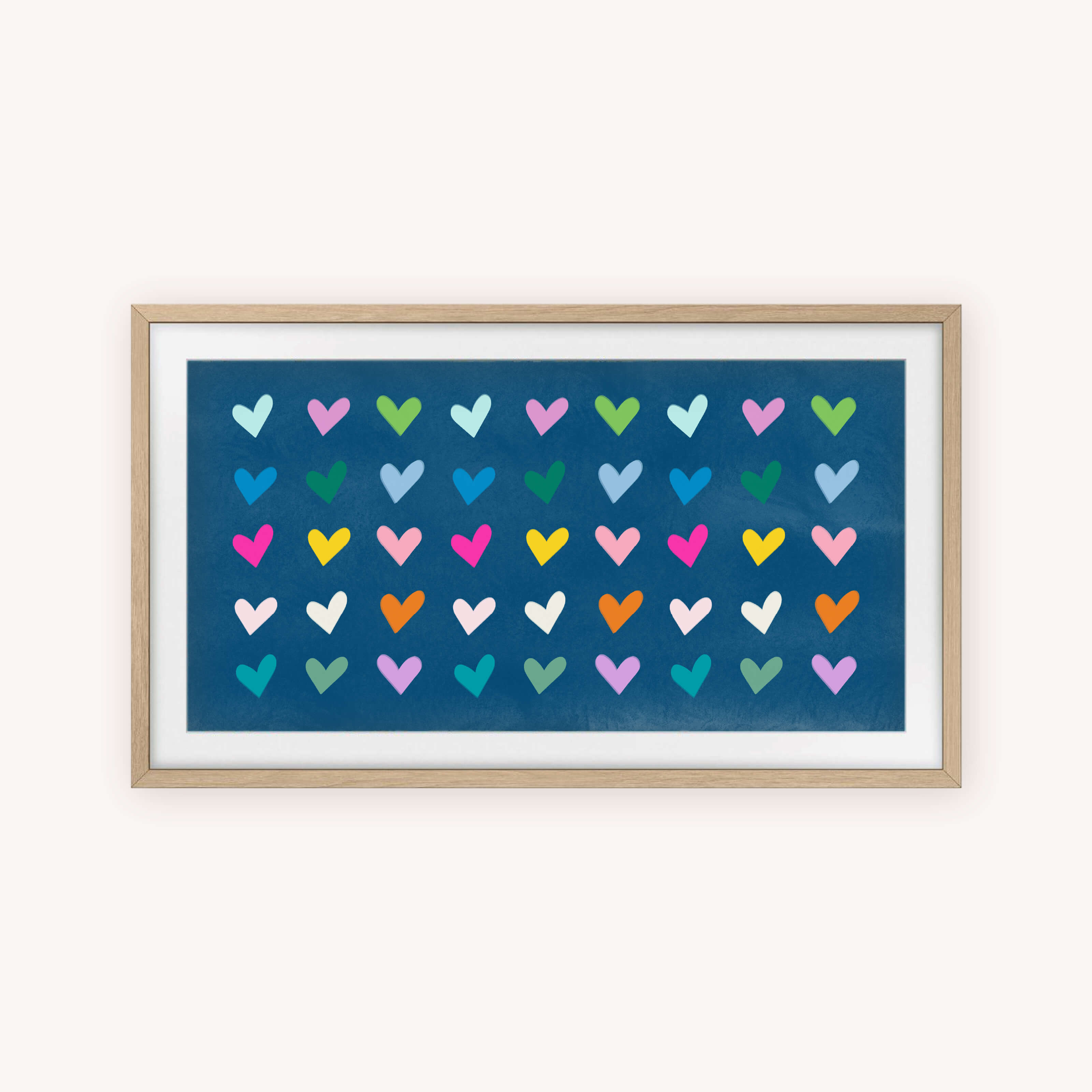 The Simplified "Frame TV Art - Hearts" features rows of colorful hand-painted hearts in pink, green, blue, purple, teal, orange, and white on a dark blue background—perfect for your Frame TV or as an instant download.