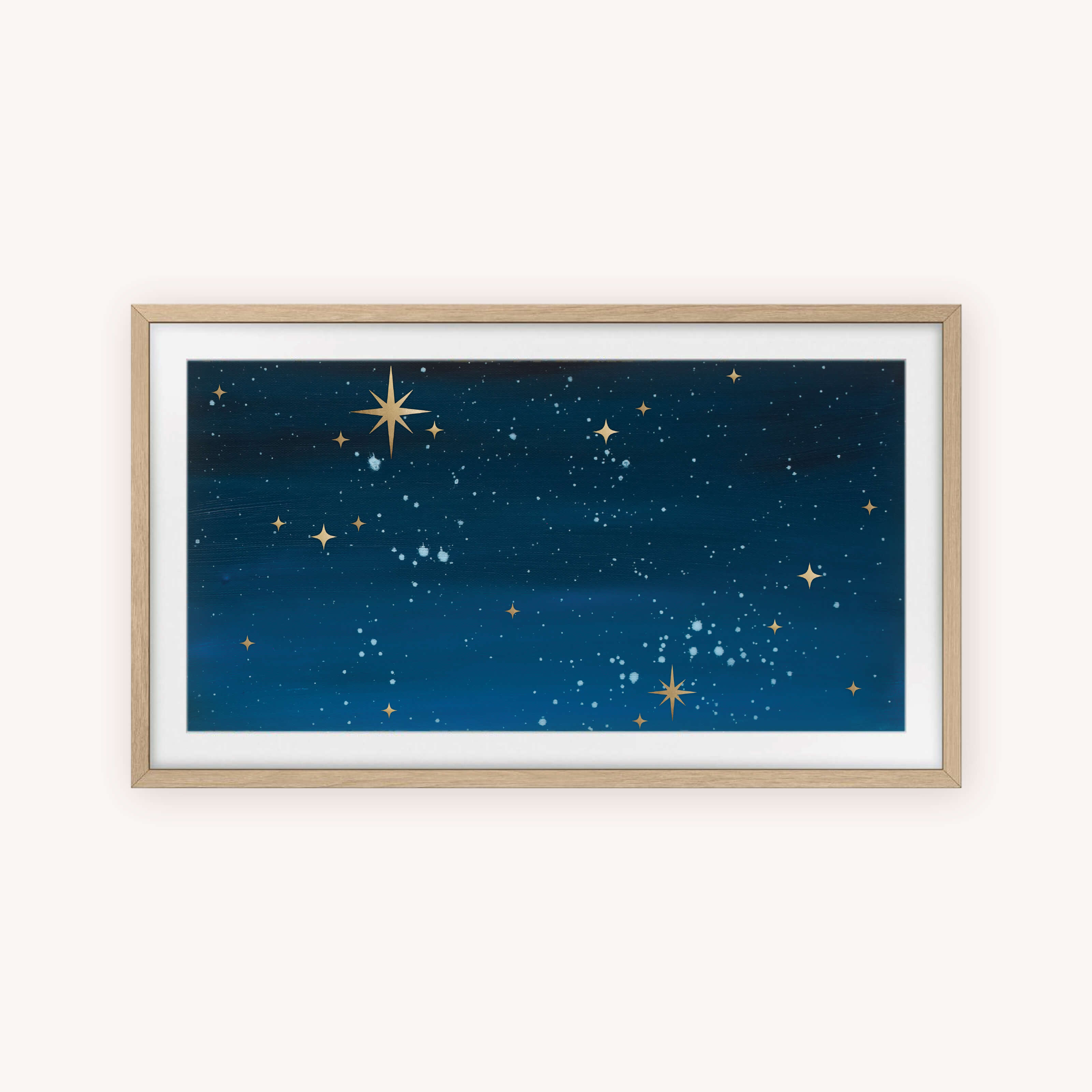 The Simplified Frame TV Art - Night Sky features a digital artwork of a dark blue sky with golden stars on a light background, ideal for enhancing any space.