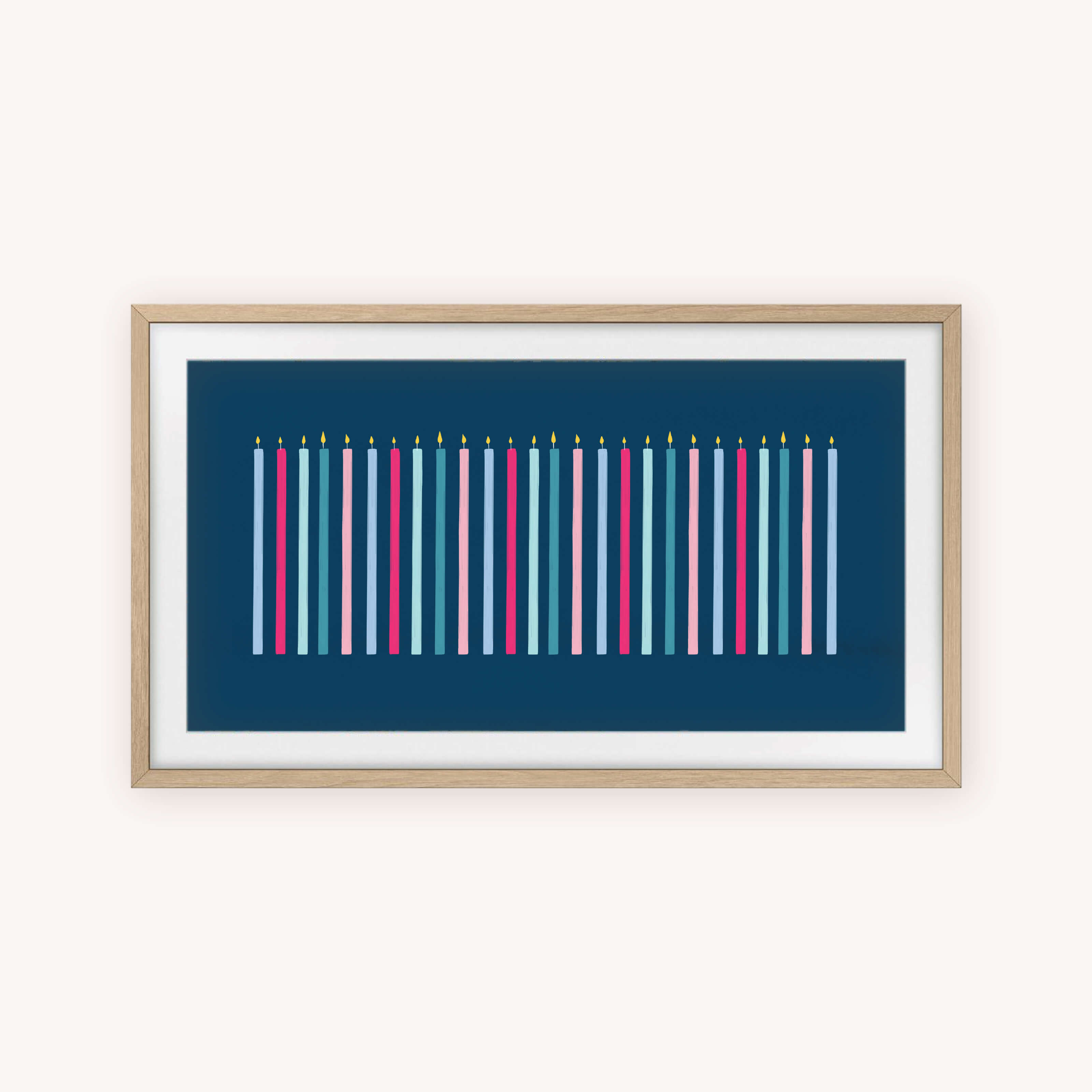 Frame TV Art - Party Candles by Simplified features 22 vibrant candles with yellow flames, arranged on a dark blue background with pink, blue, and white accents—an ideal modern décor piece for your Frame TV.