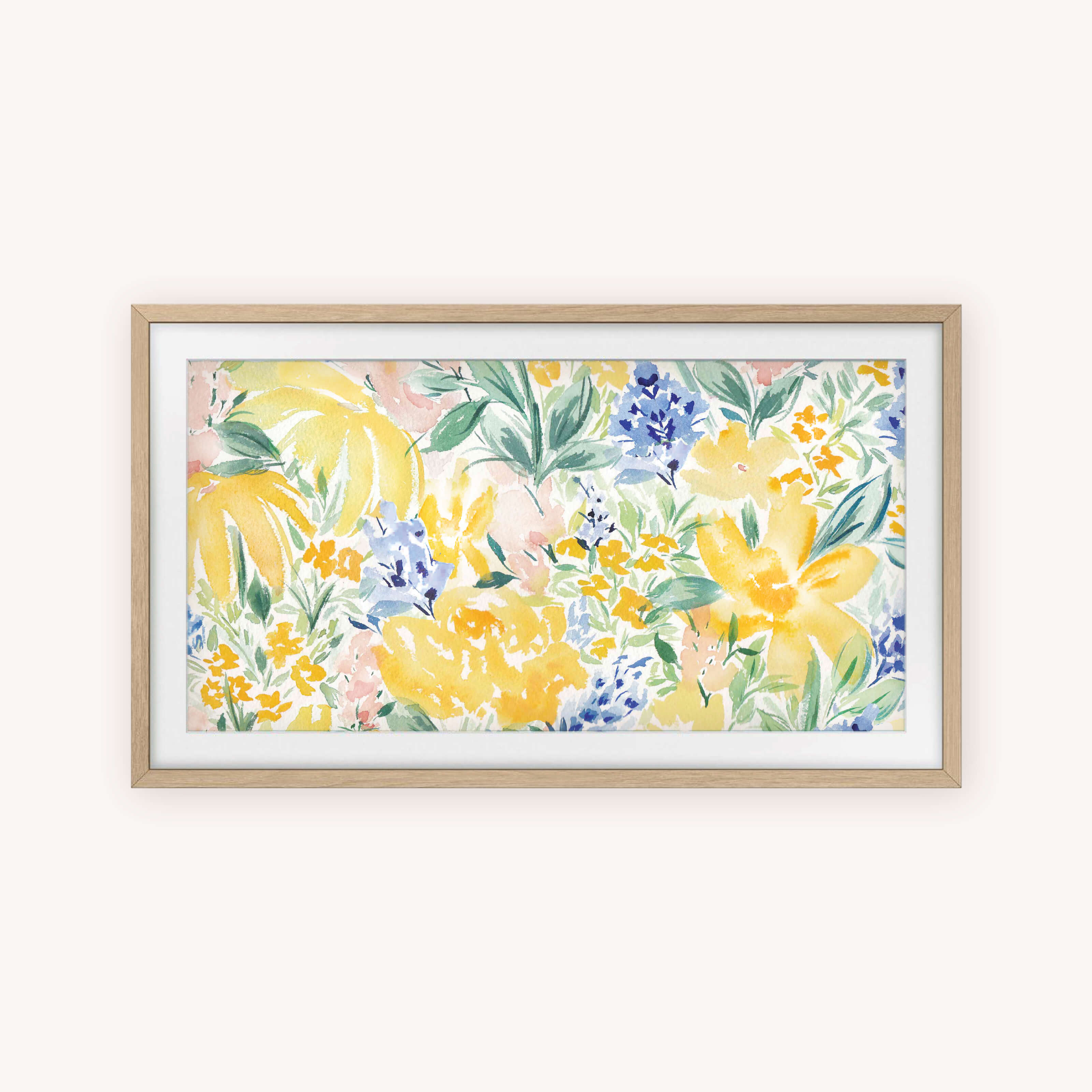 Simplified Frame TV Art - Watercolor Wildflowers features yellow, orange, lavender, and green florals on a light background. This digital download includes a light wood frame and white mat border—perfect for your Frame TV.