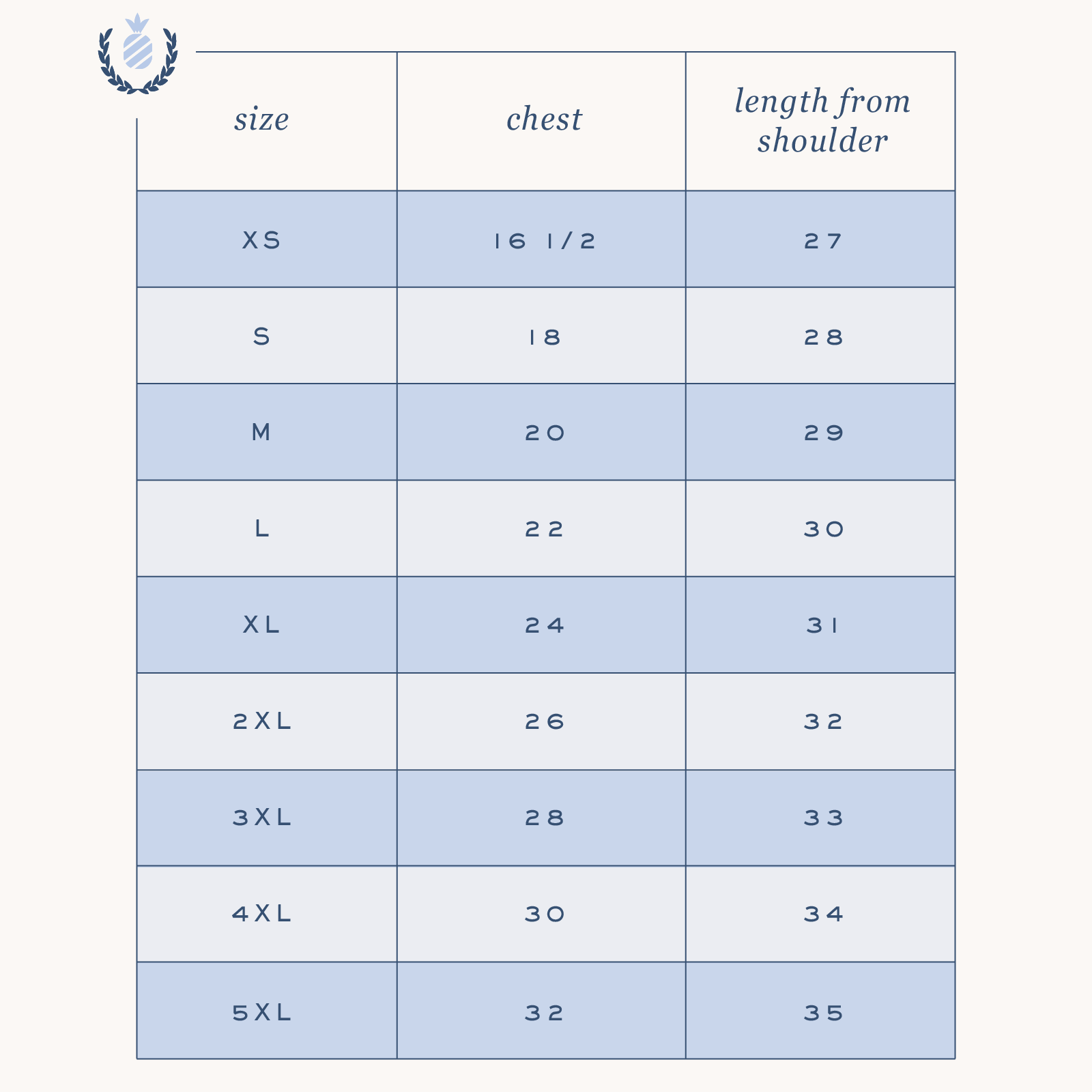 A size chart for the Simplified Embroidered T-Shirt - Camp Gingham displays XS–5XL chest and shoulder length measurements in blue and white rows—ideal for choosing your summer camp tee embroidered design.