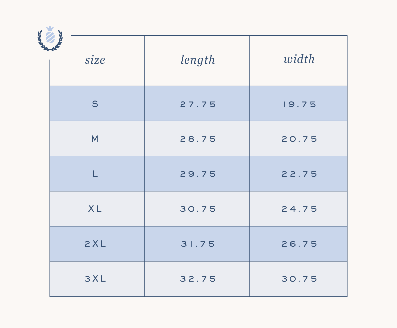 The Simplified Oversized T-Shirt by North Pole Paper Co offers cozy sizes S–3XL, with lengths 27.75”–32.75” and widths 19.75”–30.75”. The alternating white and blue sizing chart makes holiday gifting easy!.