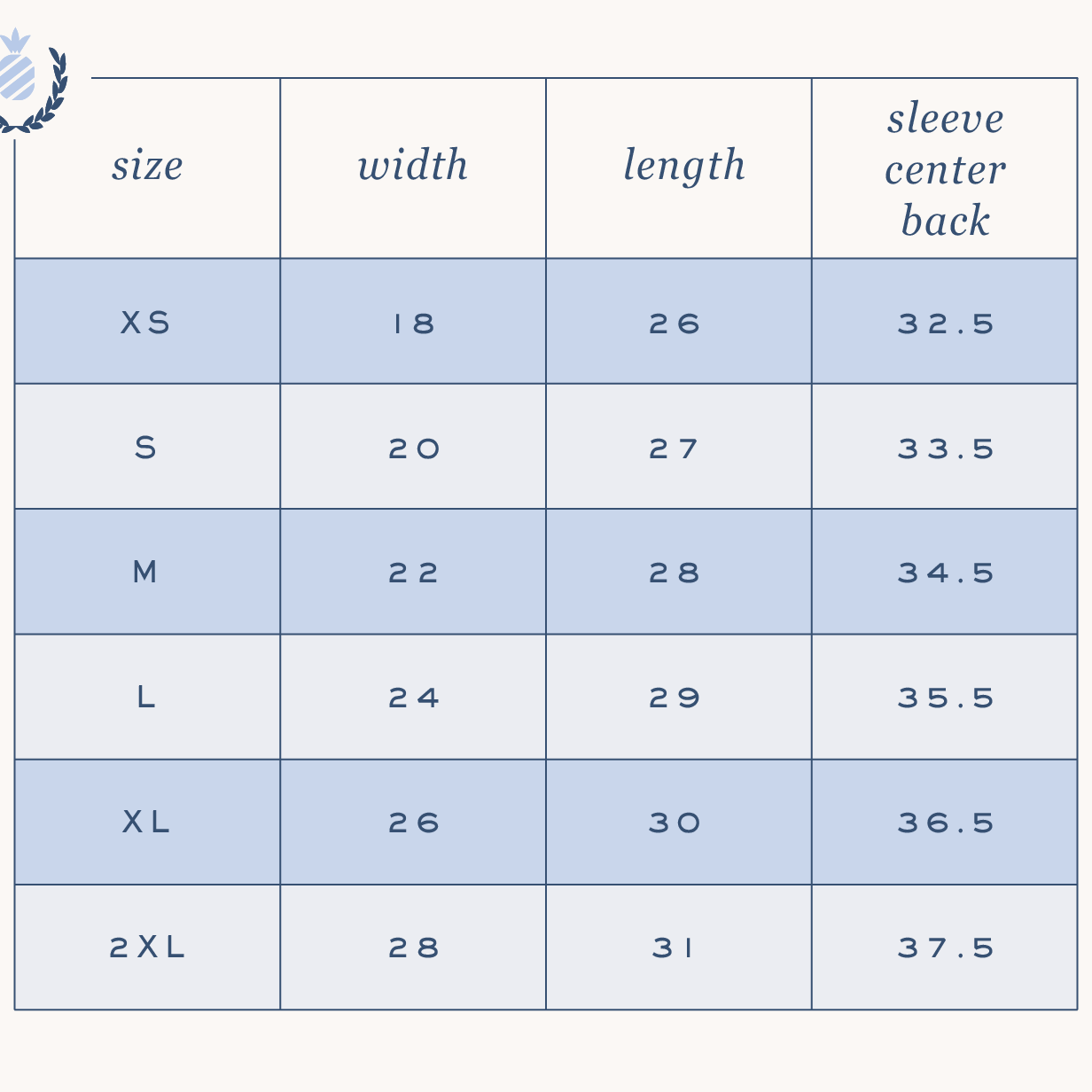 A size chart for the Simplified Embroidered Crewneck - Sweet As Pie (sizes XS-2XL) lists width, length, and sleeve center back in inches in a table, with a blue laurel emblem displayed in the top left corner.