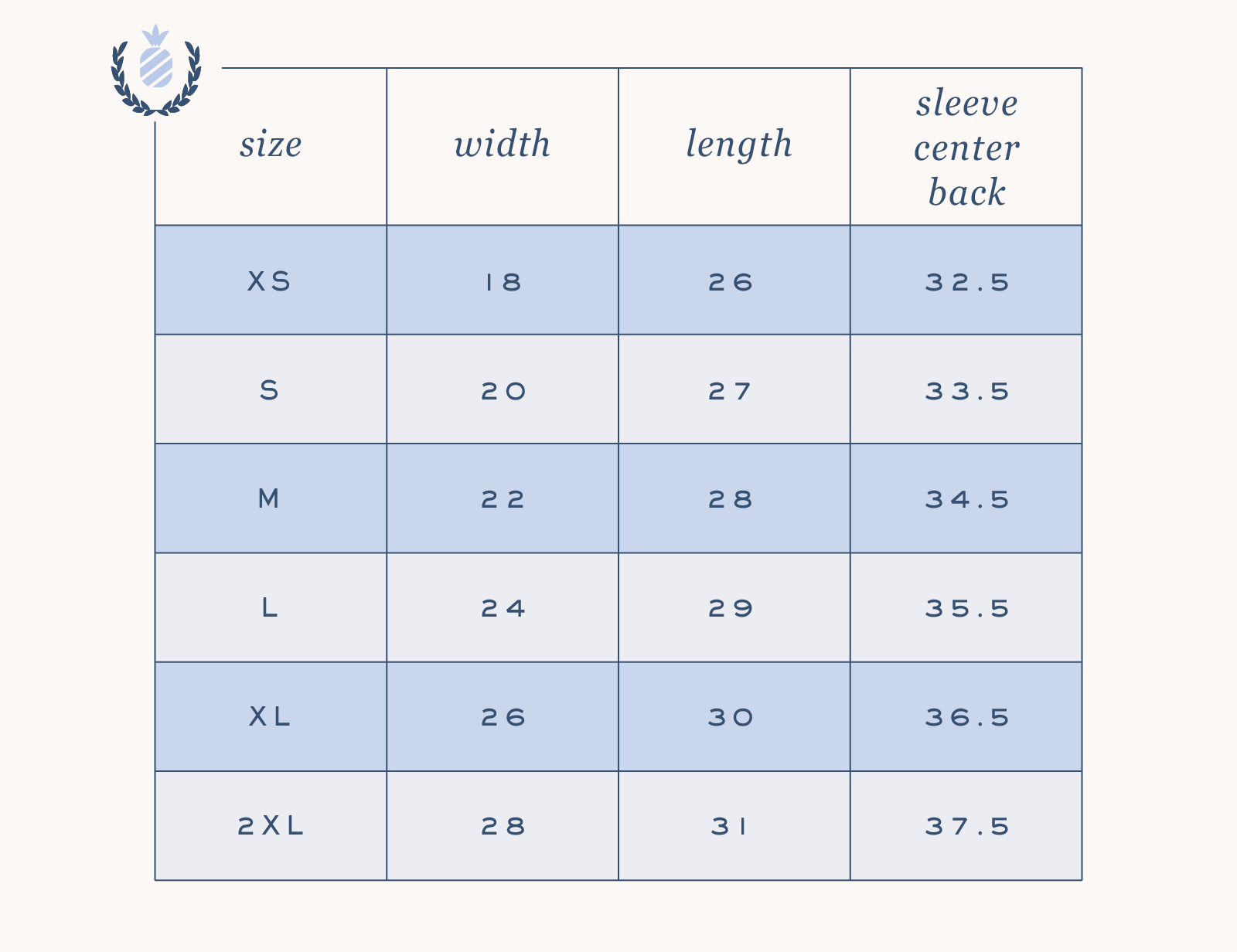 A size chart for the Simplified Embroidered Crewneck - Sweet As Pie (sizes XS-2XL) lists width, length, and sleeve center back in inches in a table, with a blue laurel emblem displayed in the top left corner.