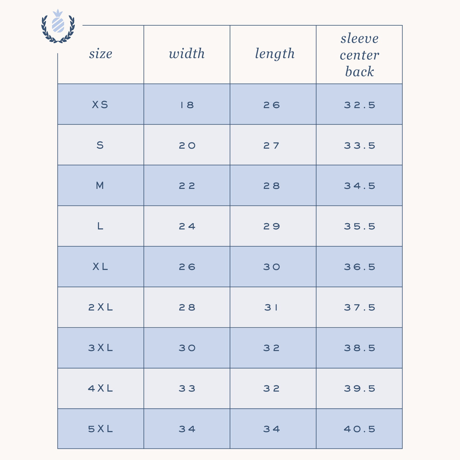 A blue and white chart for the Simplified Pineapple Crest Crewneck displays sizes XS–5XL, each with width, length, and sleeve center back measurements in inches.