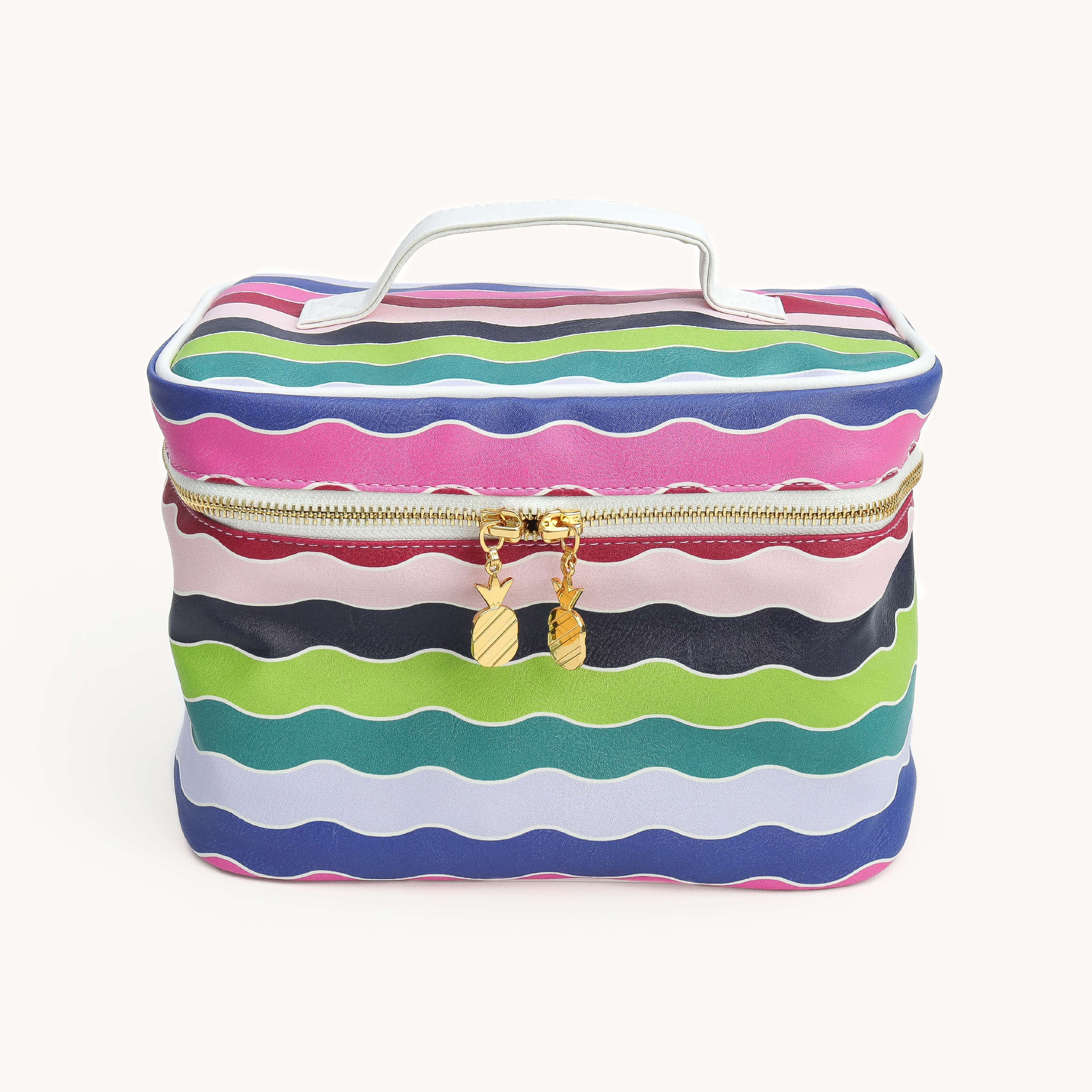 Colorful wavy stripe cosmetic bag with gold zipper – large pastel rainbow travel makeup and toiletry organizer
