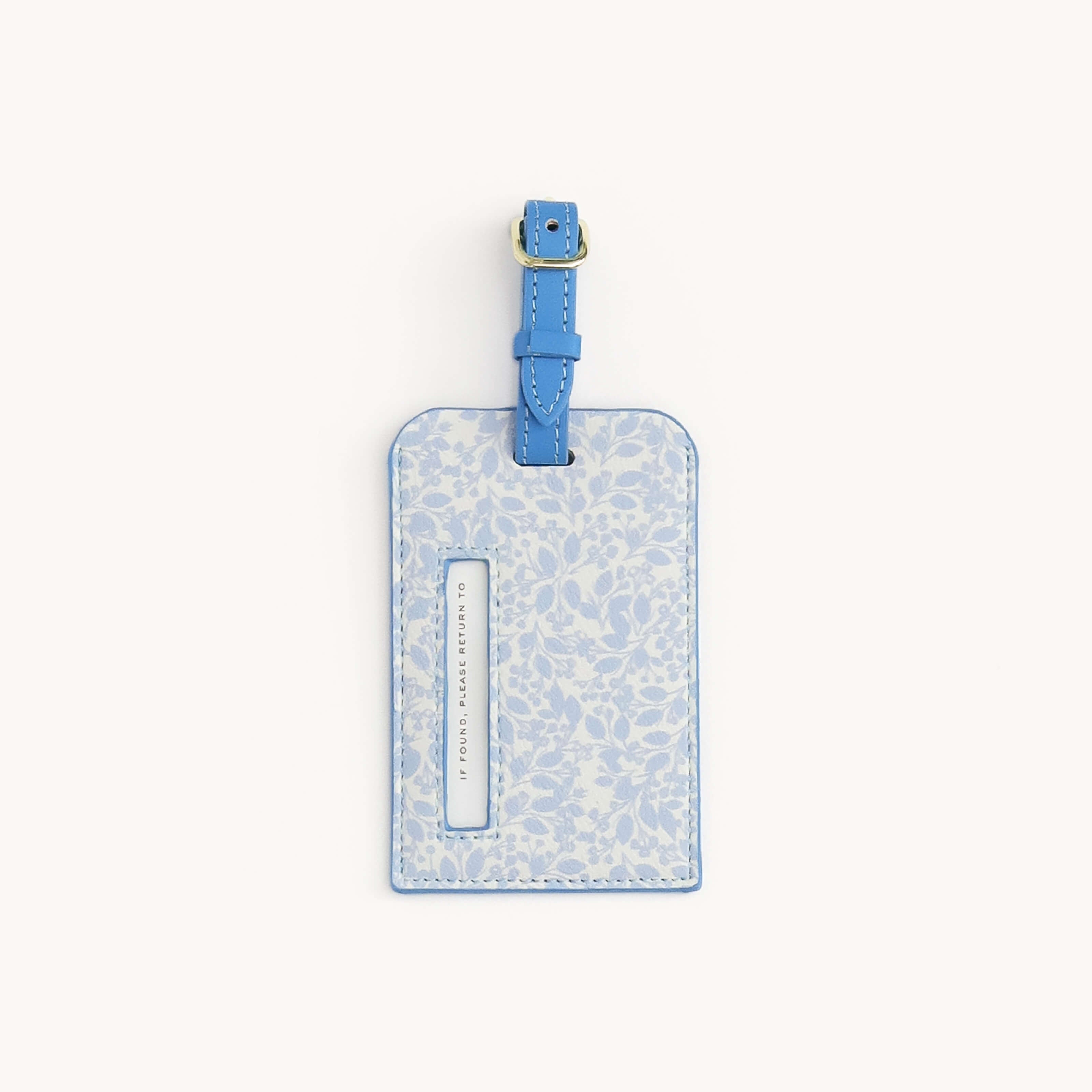 Misty Meadow blue floral luggage tag with buckle strap by Simplified by Emily Ley