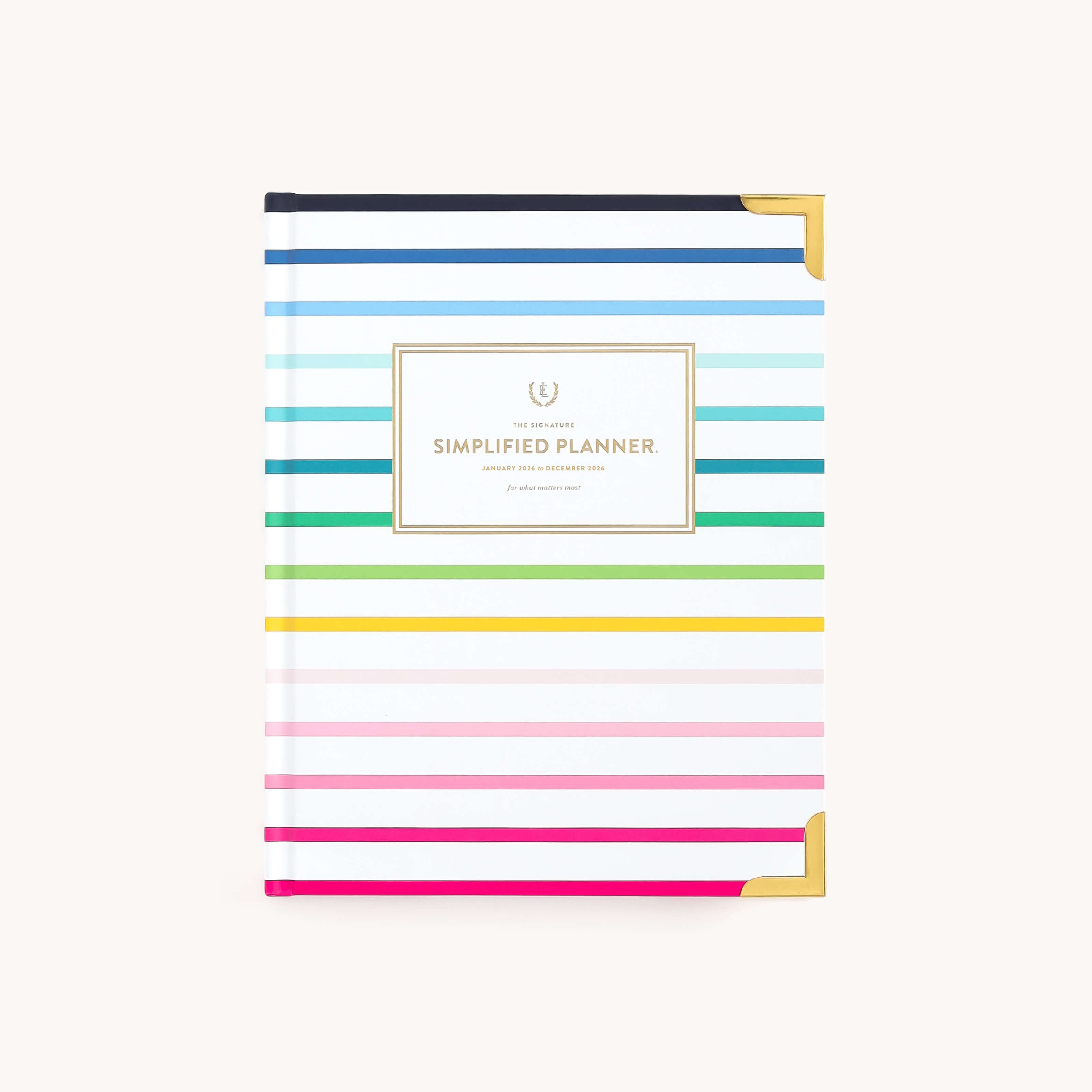 The 2026 Bookbound Weekly Simplified Planner - Happy Stripe by Simplified features horizontal pastel and bold stripes, gold corners, lay-flat binding, a centered Simplified Planner label, and an off-white background for a timeless look.