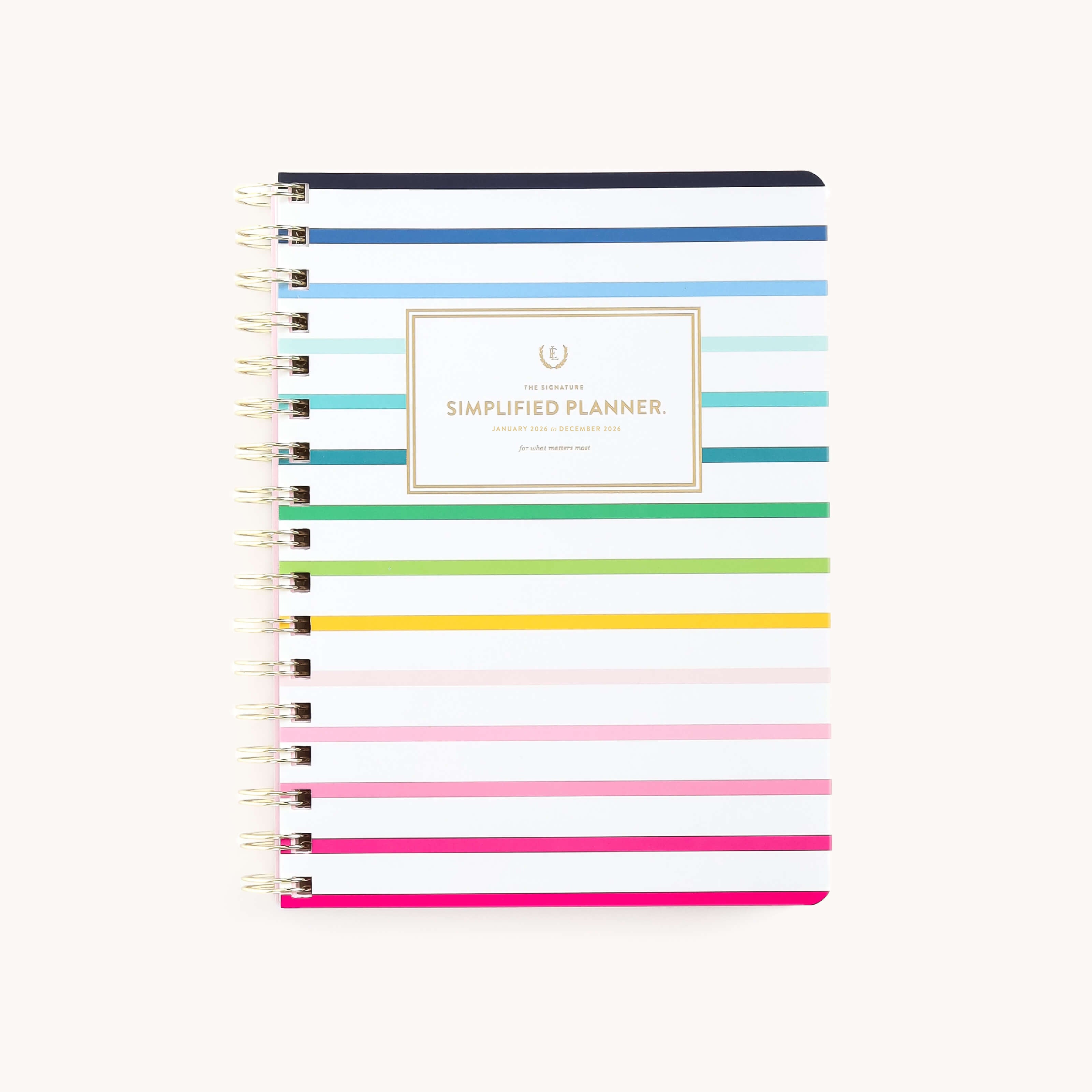 The 2026 Softcover Weekly Simplified Planner - Happy Stripe by Simplified features a vibrant striped cover and is perfect for streamlined organization and simplified prep.