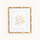 Simplifieds Art Print - Family Rules features elegant cursive text and the quote Be kind, use manners, always listen, love big in a sophisticated gold bamboo-like frame.